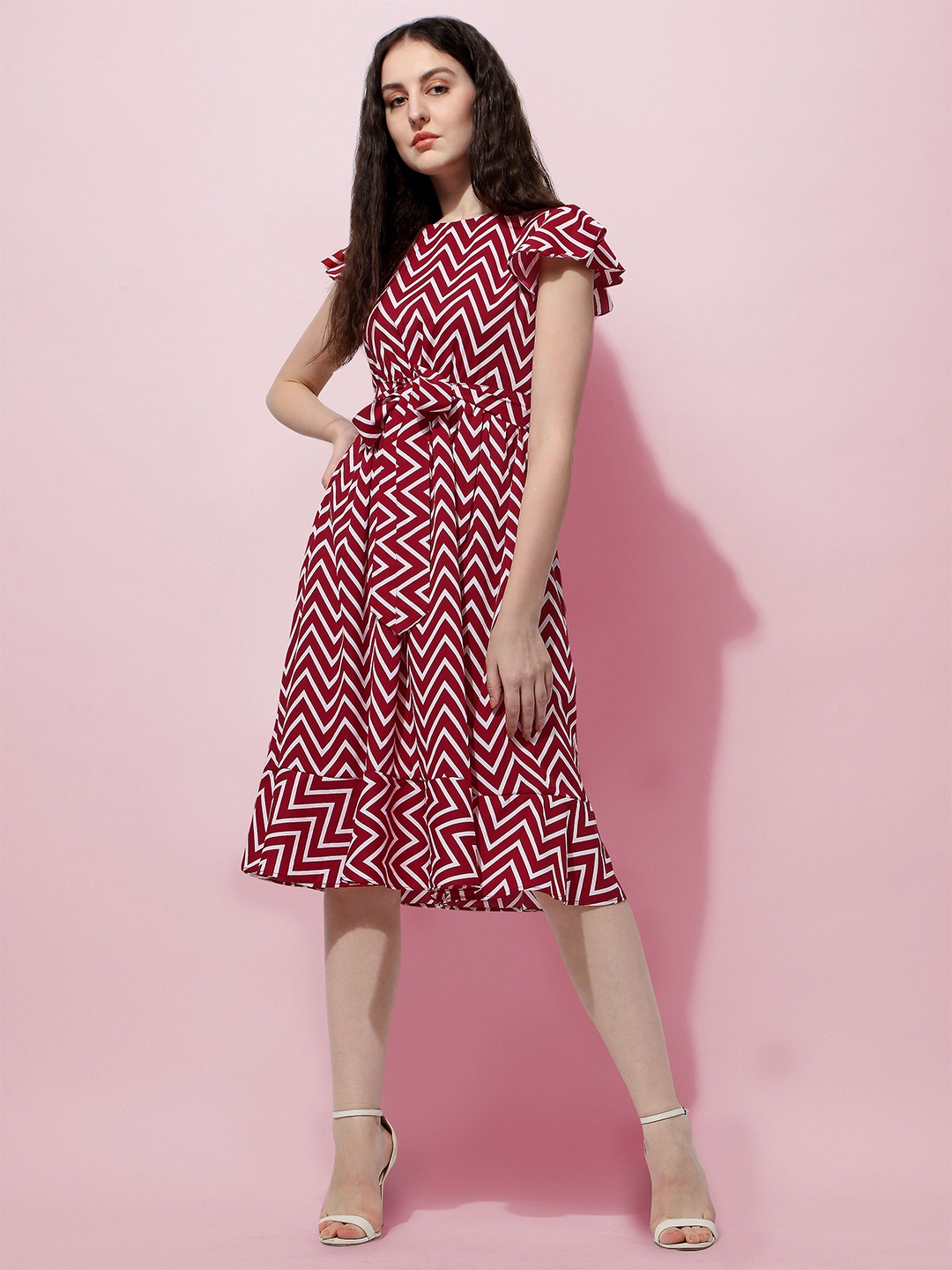 

Oomph! Floral Print Flared Sleeve Crepe Fit & Flare Dress, Red