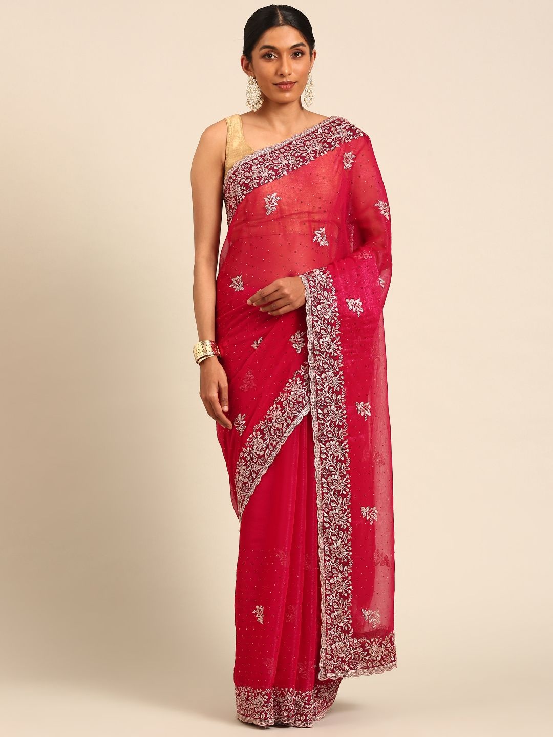 

DIVASTRI Embellished Embroidered Silk Blend Saree, Pink