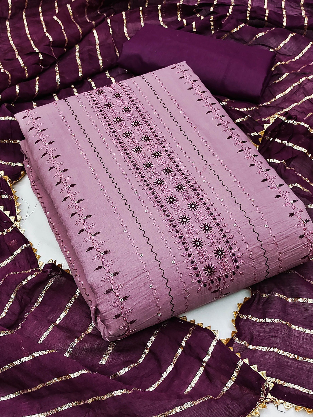 

SAINOOR Floral Embroidered Sequinned Pure Cotton Unstitched Dress Material, Lavender