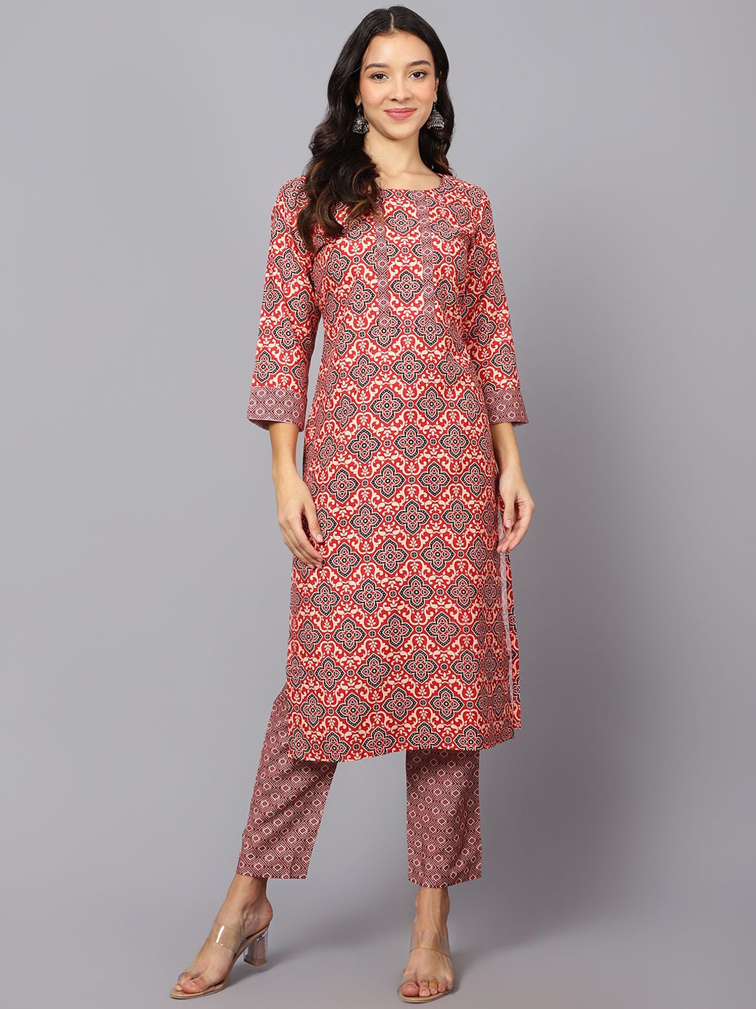 

SANTOPERA DESIGNER Floral Printed Straight Kurta With Trousers, Red
