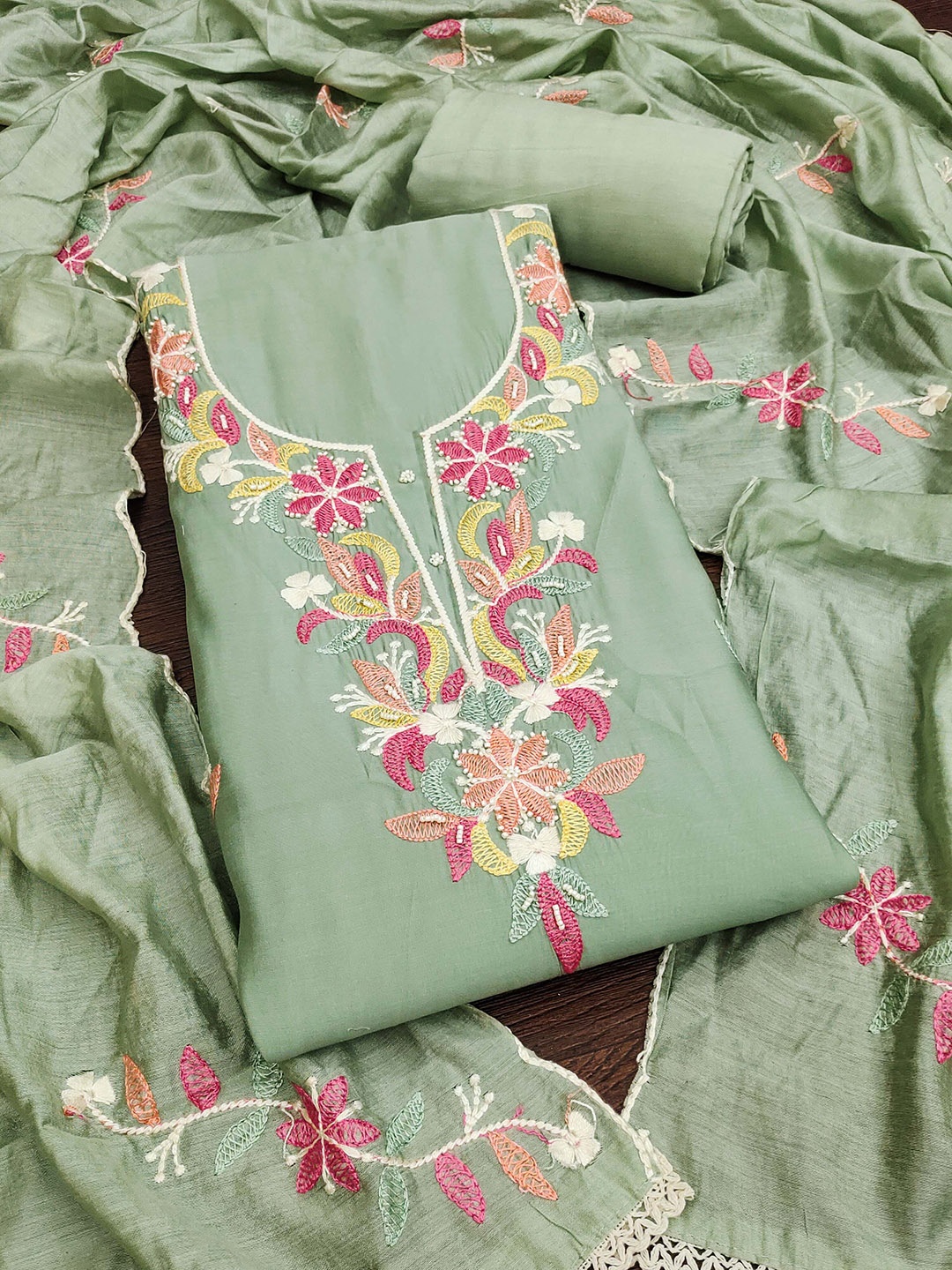 

SAINOOR Floral Embroidered Pure Silk Semi-Stitched Dress Material, Green