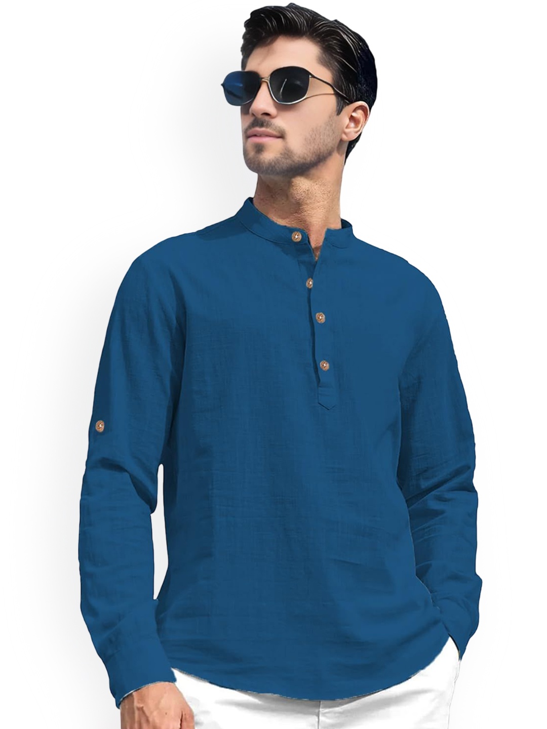 

TrendiVastra Mandarin Collar Pure Cotton Kurta, Blue