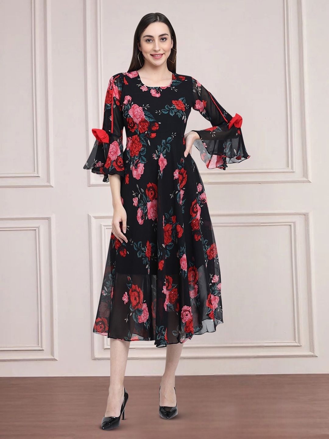 

Moda Rapido Floral Print Applique Fit & Flare Dress, Black