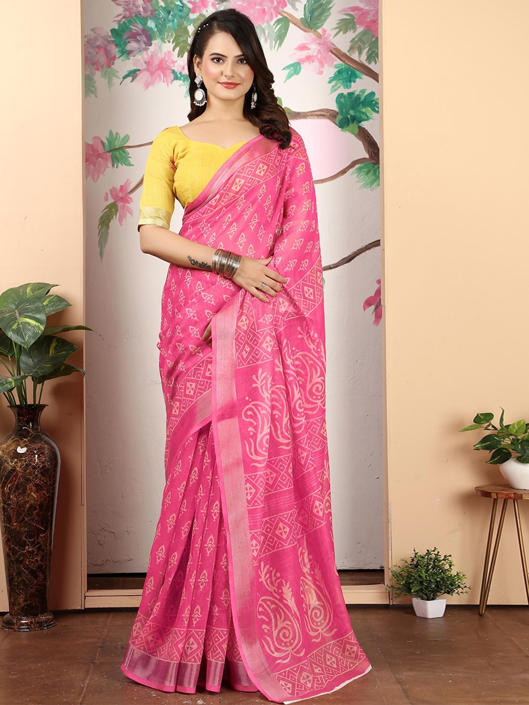 

KALINI Ethnic Motifs Zari Linen Blend Khadi Saree, Pink