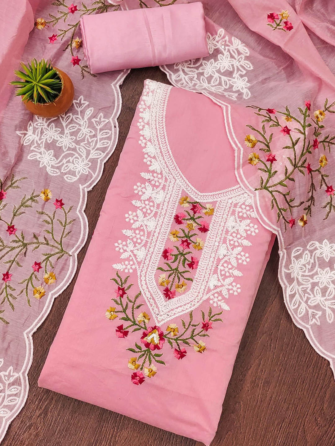 

SAINOOR Floral Embroidered Semi-Stitched Dress Material, Pink
