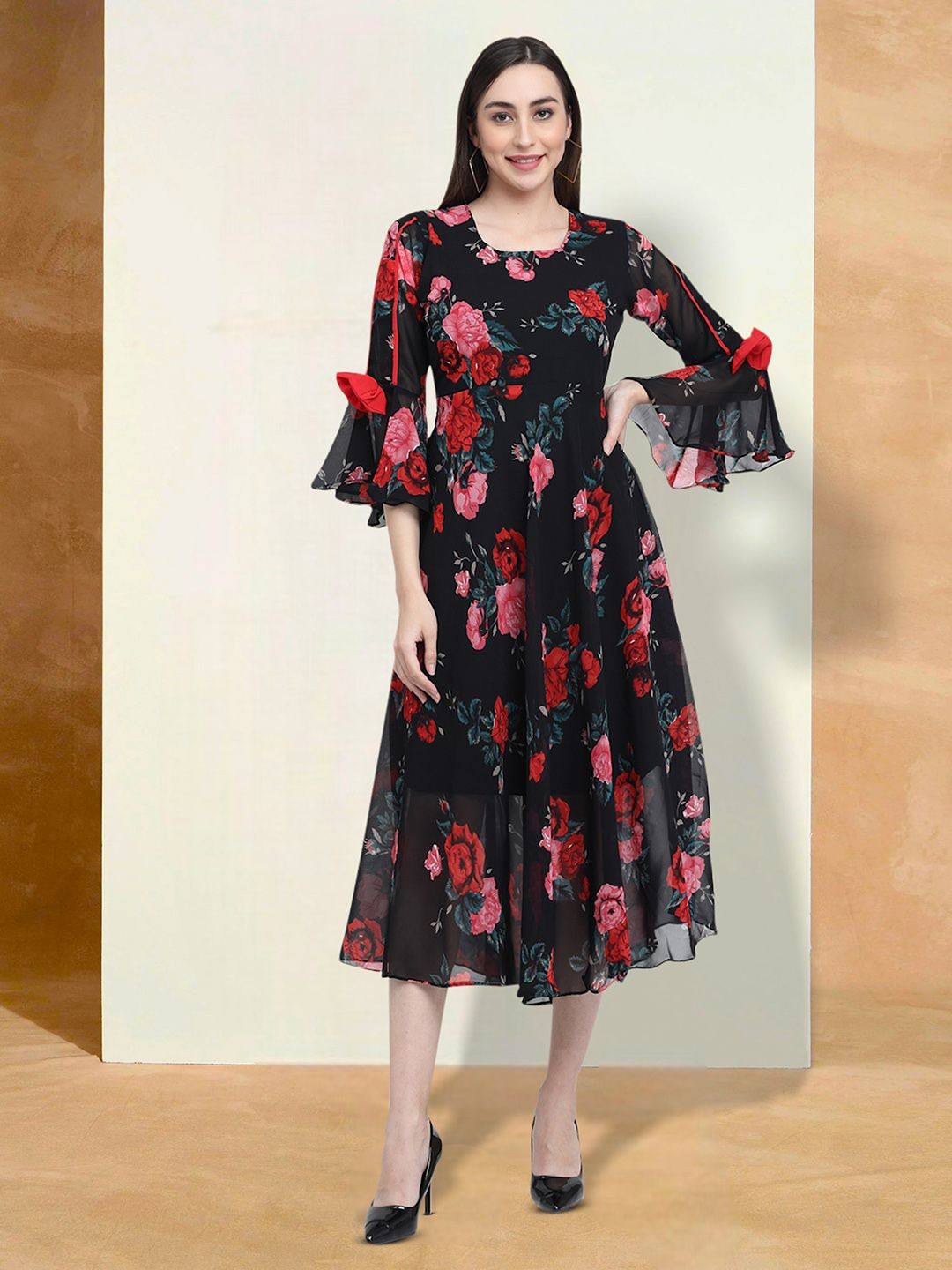 

Moda Rapido Floral Print Applique Fit & Flare Dress, Black