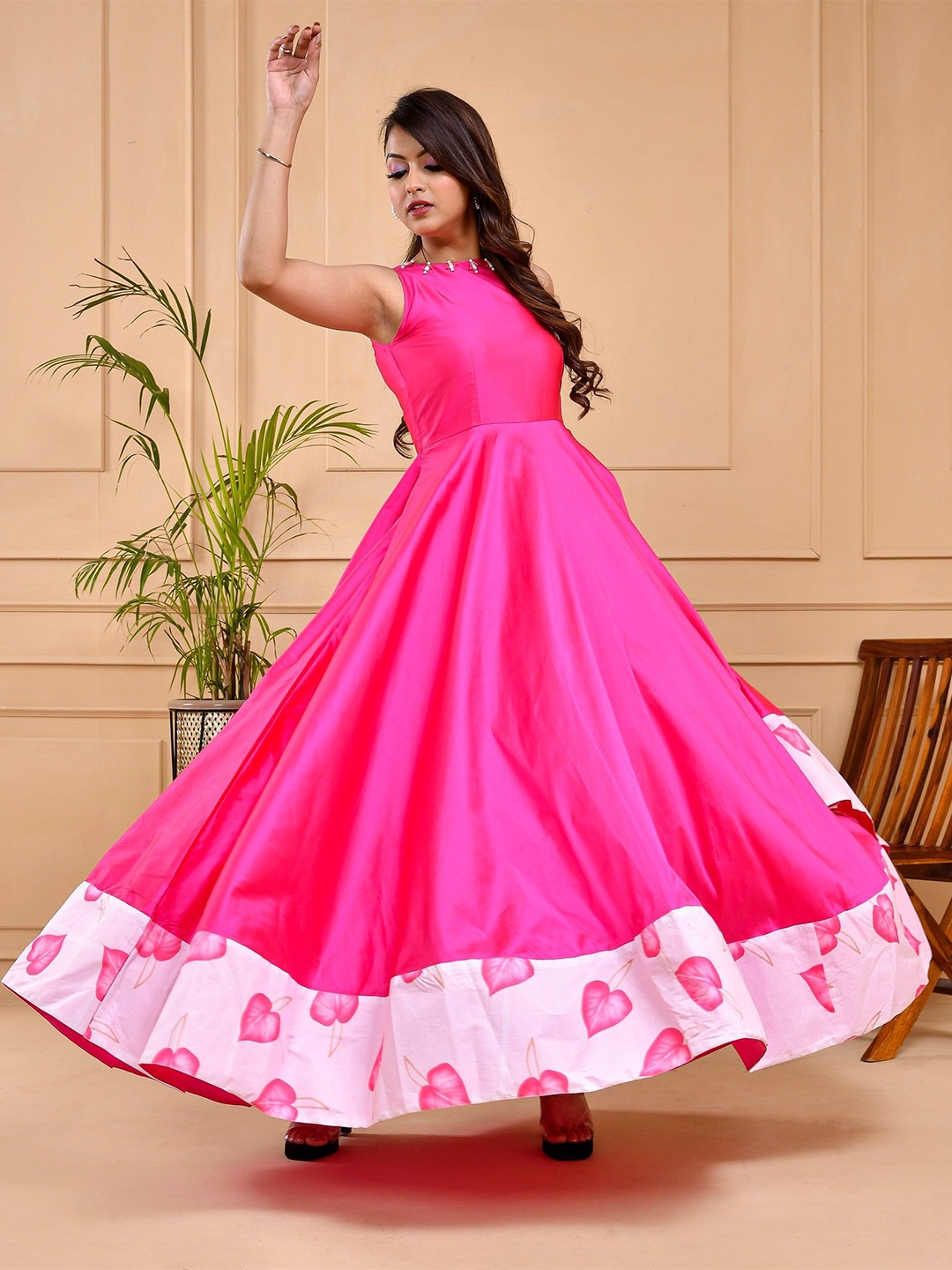 

DRESENCE Women Silk Embellished Floral Printed Sleeveless Maxi Fit and Flare Dress, Pink