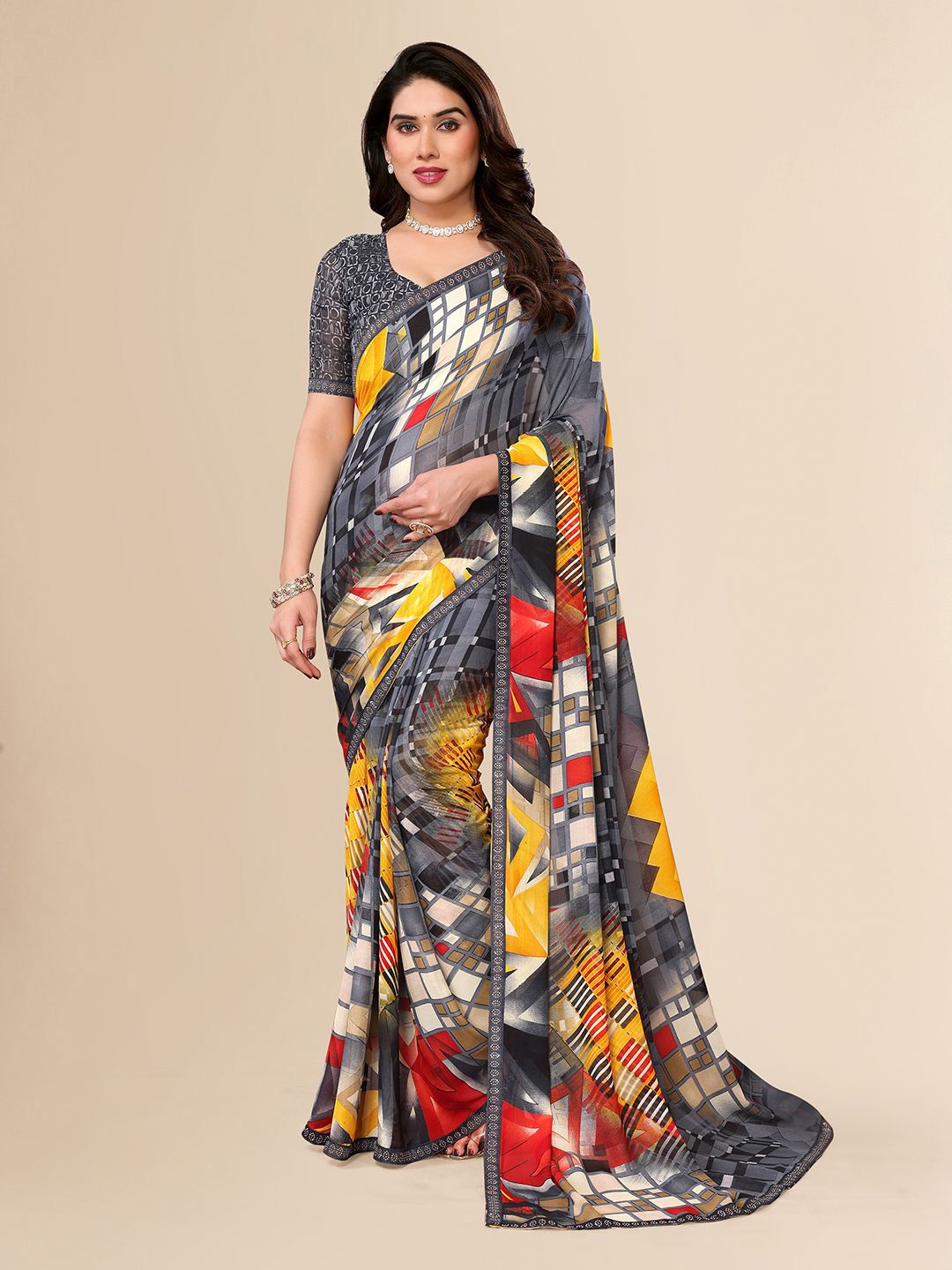 

Moda Rapido Printed Embellished Beads and Stones Saree, Grey