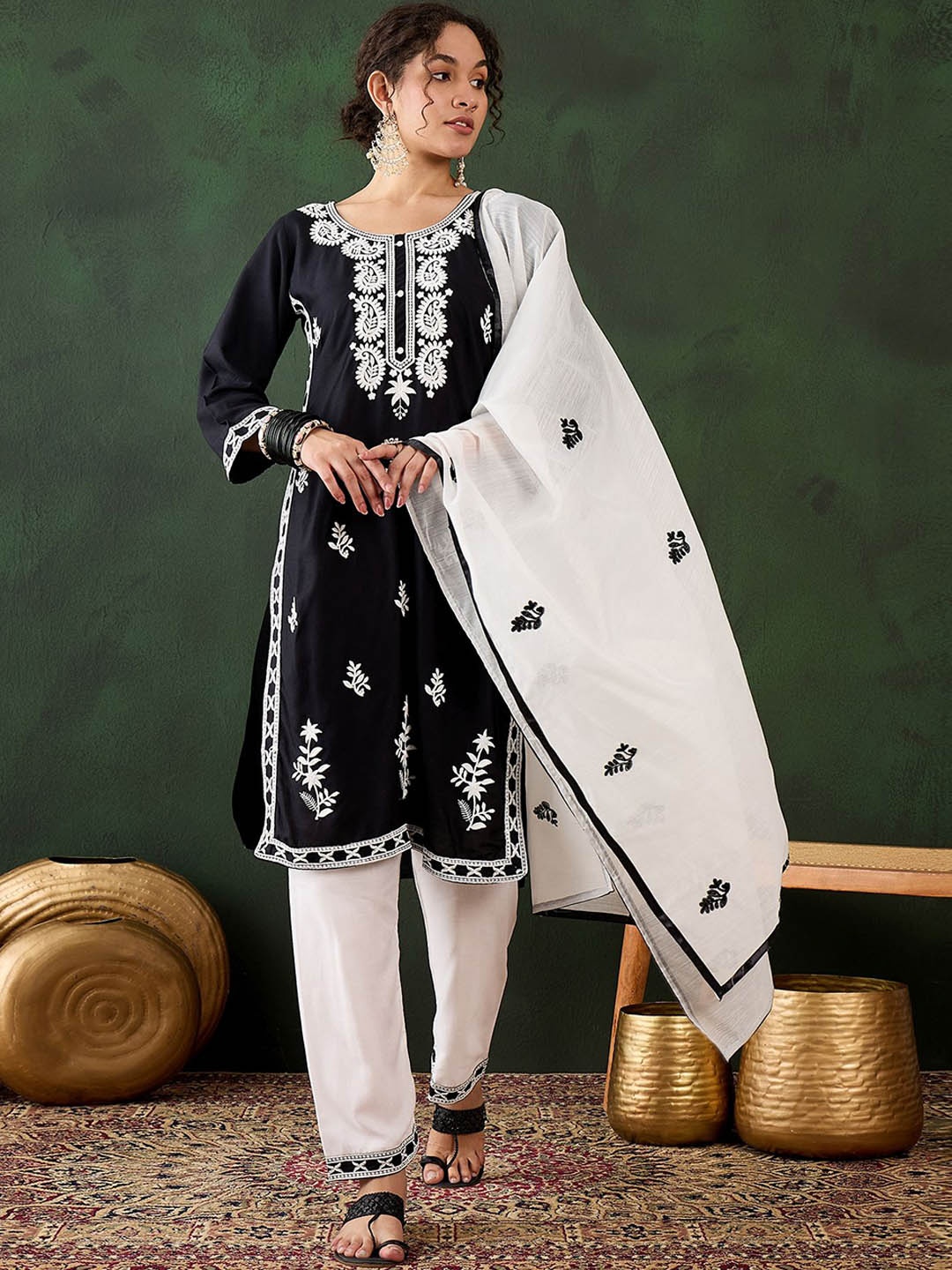 

Maroosh Paisley Embroidered Round Neck Thread Work Straight Kurta With Trouser & Dupatta, Black