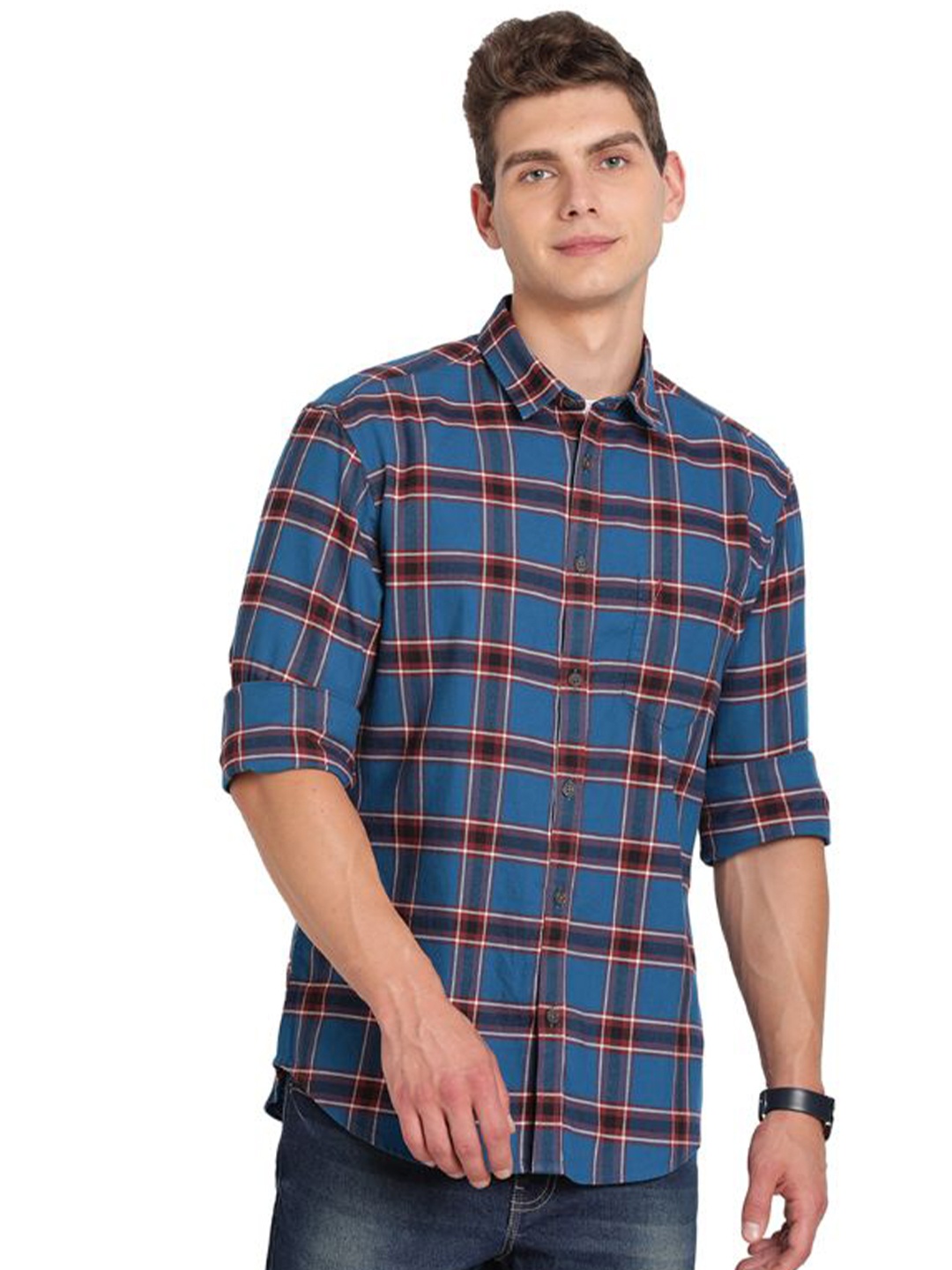 

Indian Terrain Men Slim Fit Tartan Checks Opaque Checked Casual Shirt, Blue