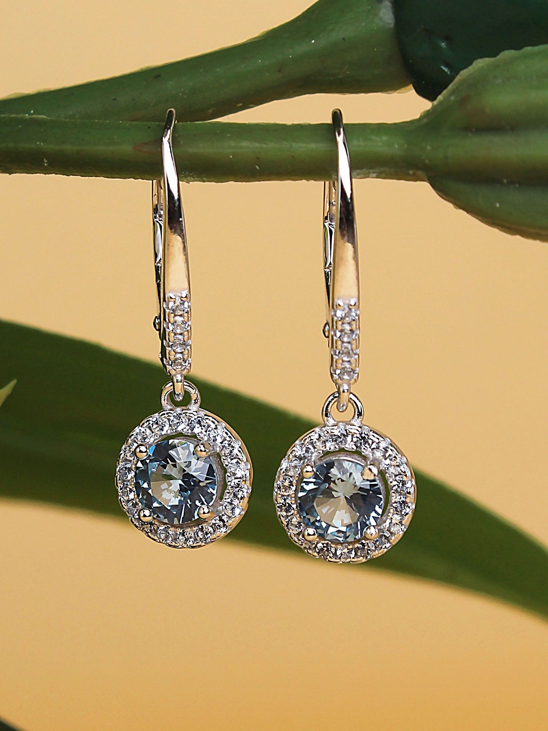 

DEVASHREE 925 Sterling Silver Rhodium-Plated CZ Studded Contemporary Shaped Drop Earrings