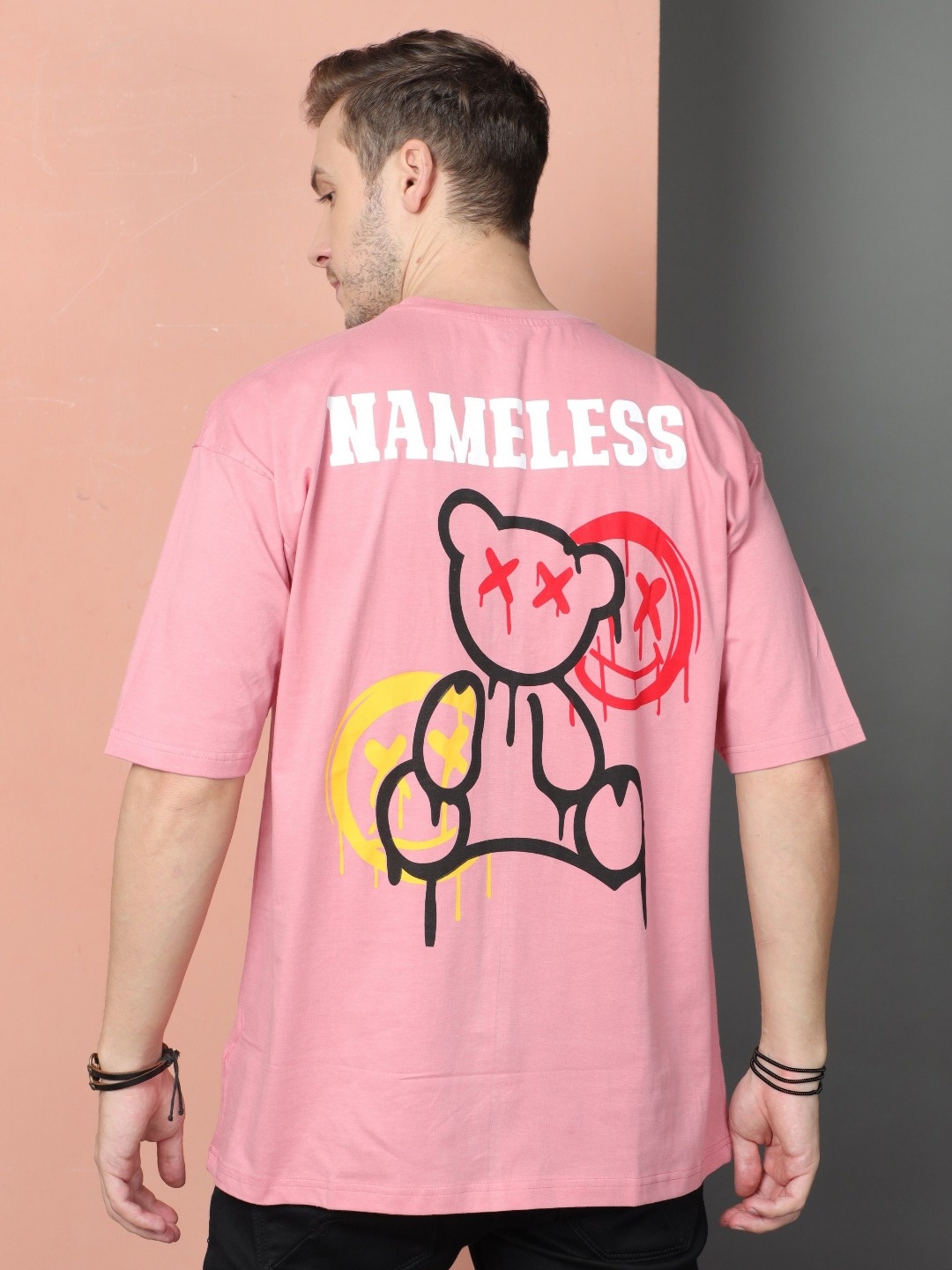 

Quco Men Printed Cotton Round Neck Drop Shoulder Oversized Tshirt, Pink