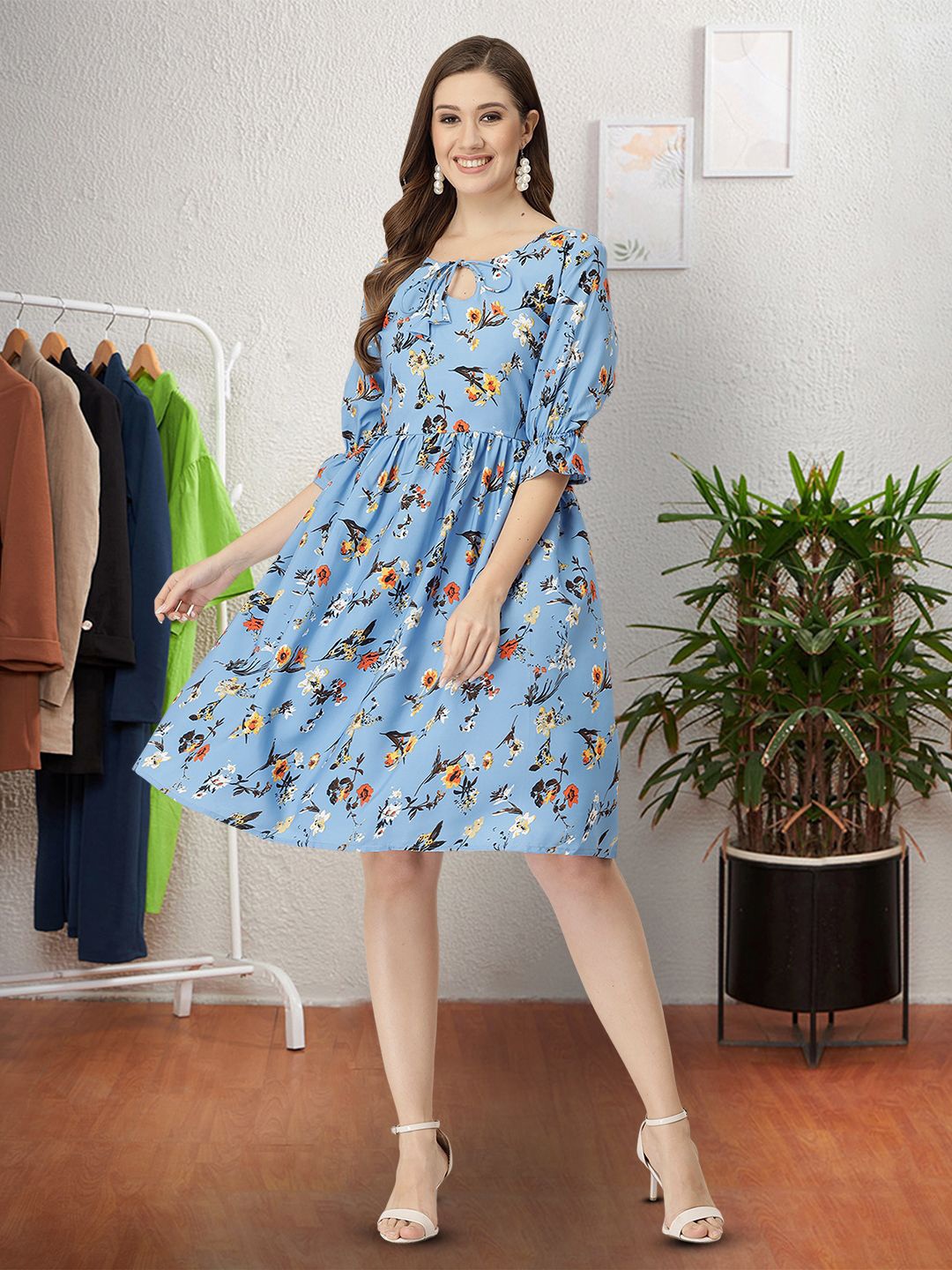 

Moda Rapido Floral Print Keyhole Neck Applique Fit & Flare Dress, Blue