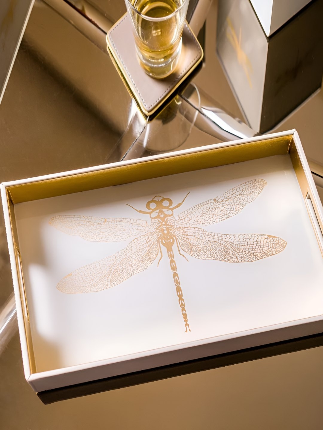 

Sammsara Cream-Coloured & Gold-Toned Azalea Dragonfly Rectangle Leatherite Tray