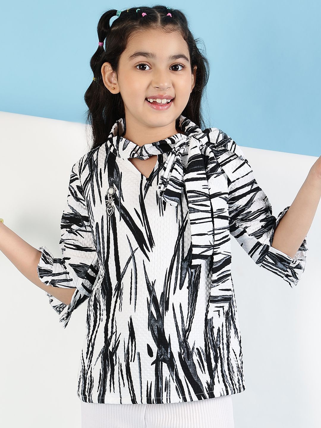 

Miss & Chief Girls Printed Tie-Up Neck Top, Black