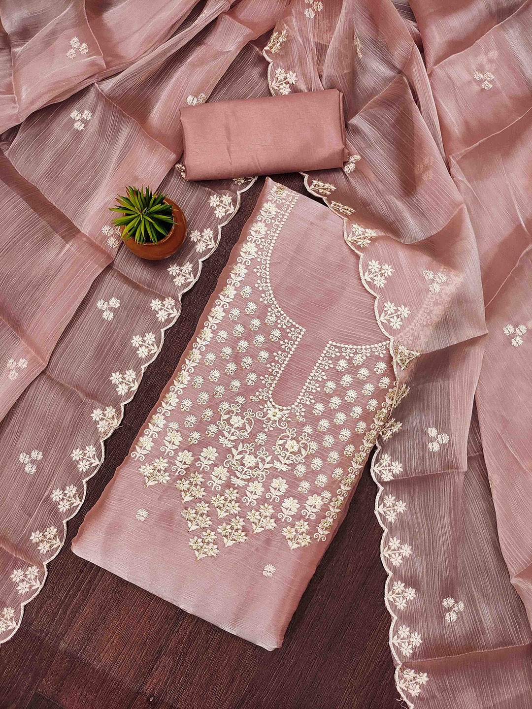 

KALINI Embroidered Silk Chiffon Unstitched Dress Material, Peach