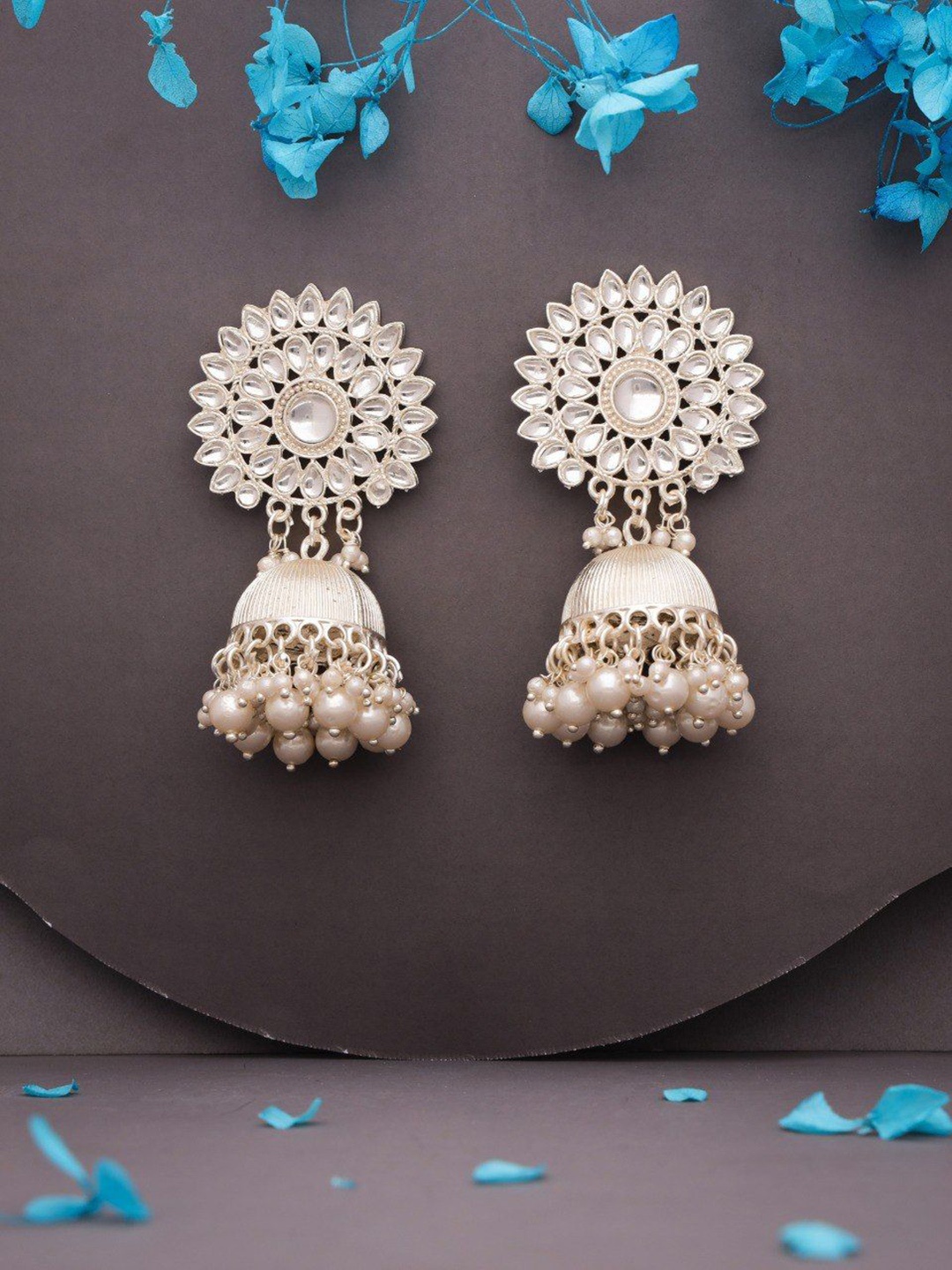 

Lyriss Gold Plated Artificial Stones Studded and Beaded Dome Shaped Jhumkas