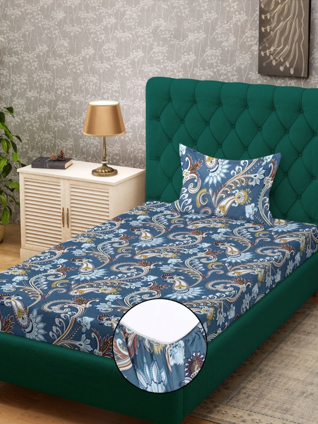 

Klotthe Blue & White Floral Printed Fitted 300TC Single Bed Sheet With Pillow Cover
