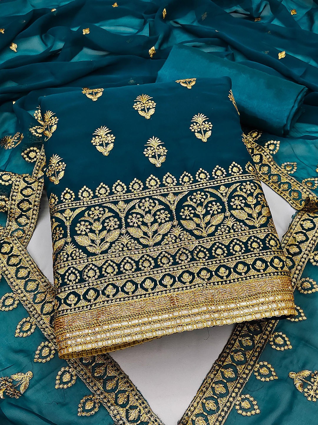 

SAINOOR Embroidered Silk Georgette Semi-Stitched Dress Material, Green