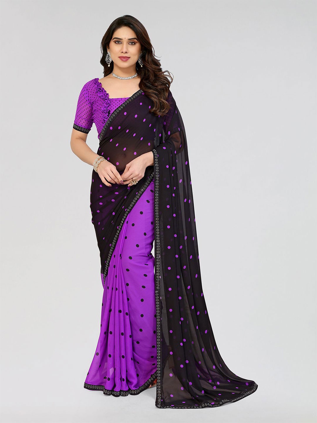 

Moda Rapido Polka Dot Printed Embellished Georgette Saree With An Unstitched Blouse Piece, Purple