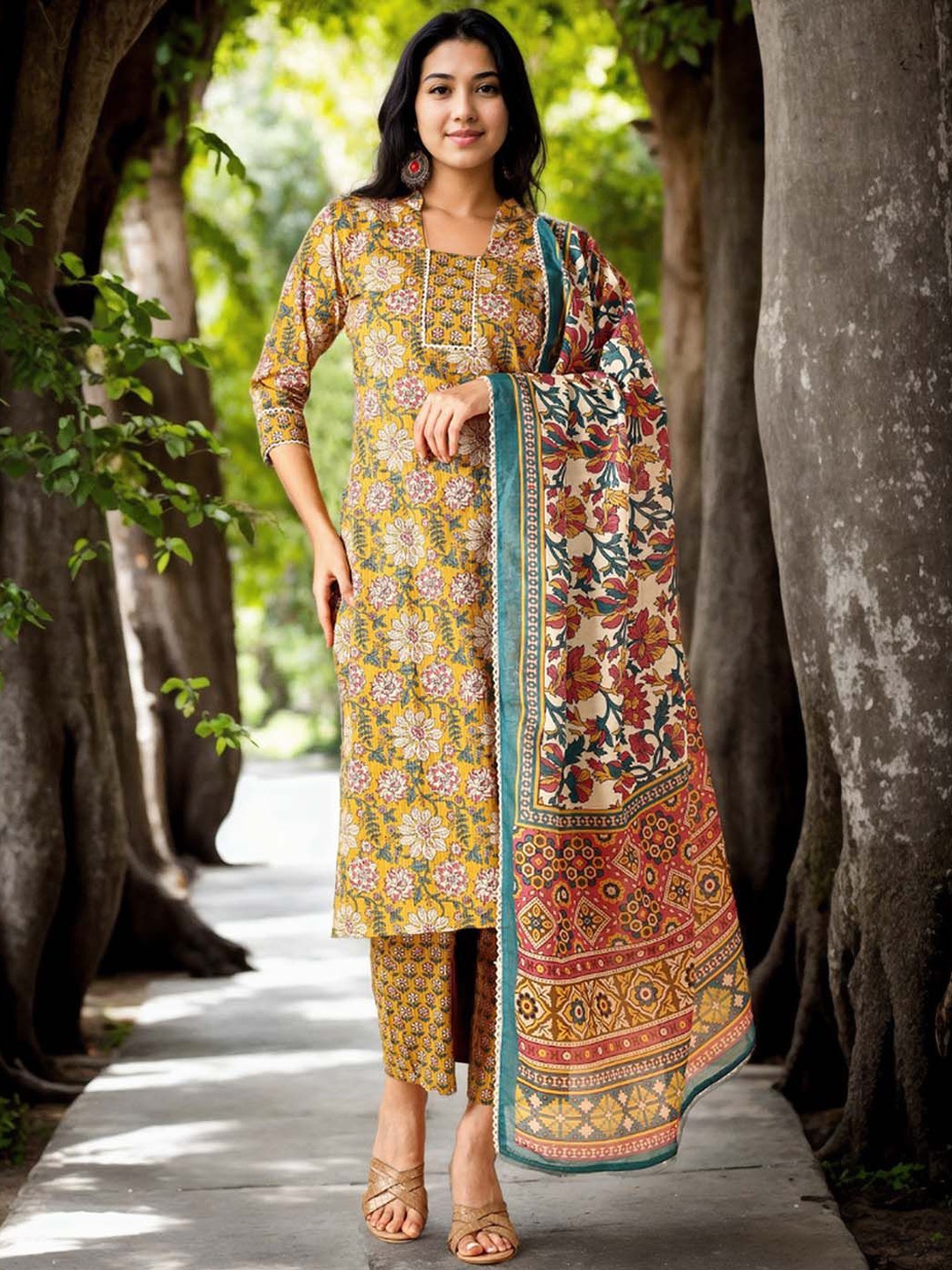 

Anouk Floral Printed Mandarin Collar Pure Cotton Straight Kurta With Trousers & Dupatta, Yellow