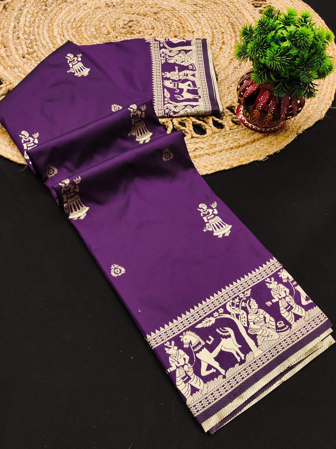 

yourwish Ethnic Motifs Zari Silk Cotton Baluchari Saree, Purple