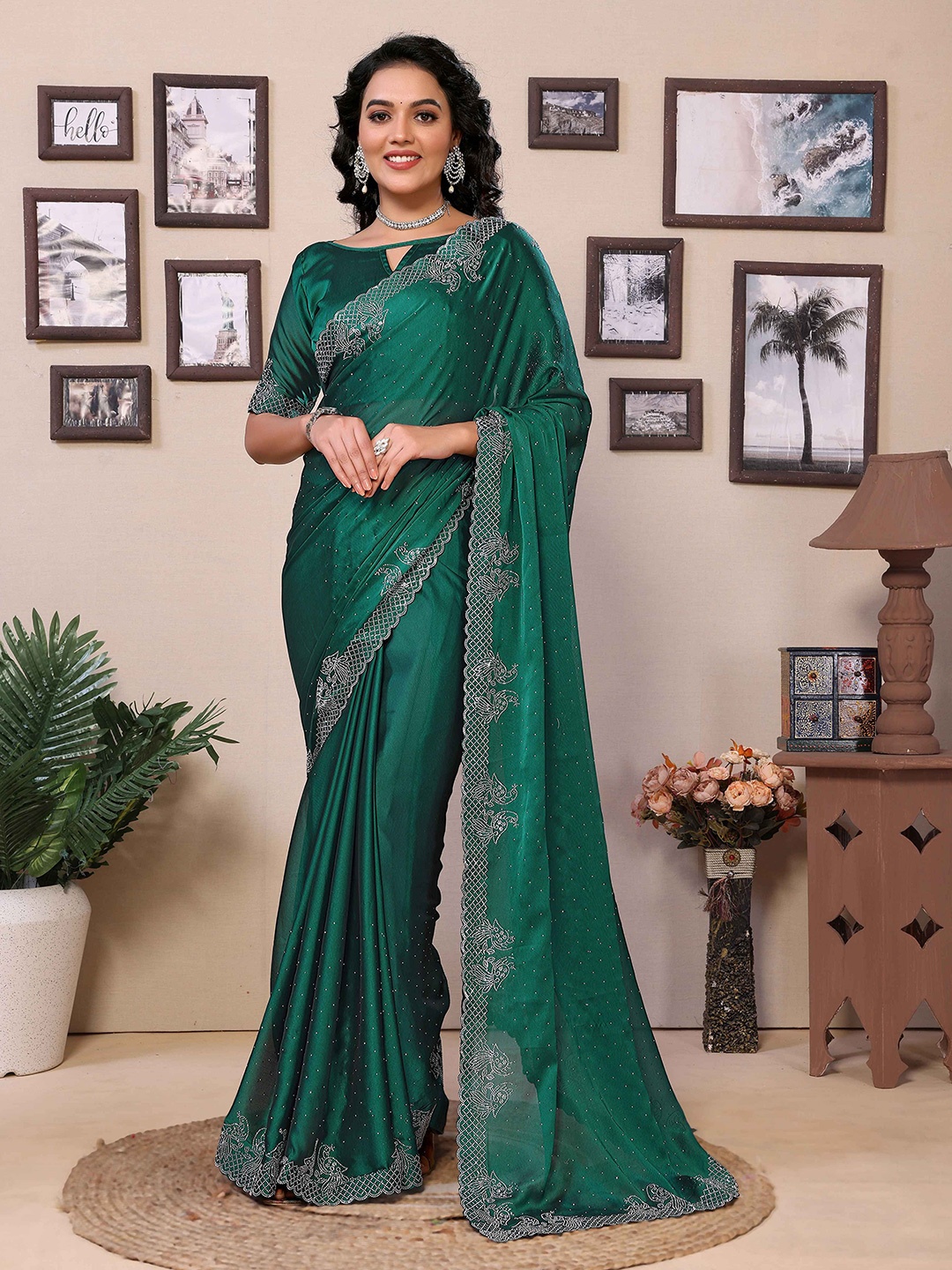 

Rhey Beads and Stones Emebllished Pure Georgette Saree, Green