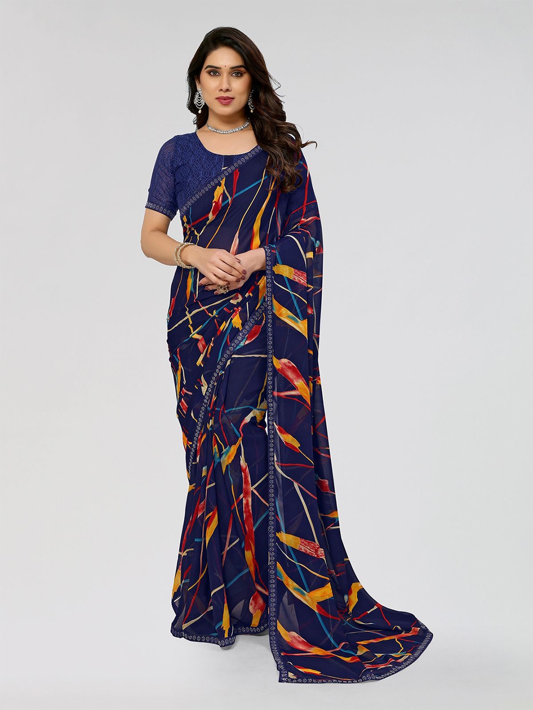 

Moda Rapido Printed Saree With Unstitched Blouse Piece, Blue