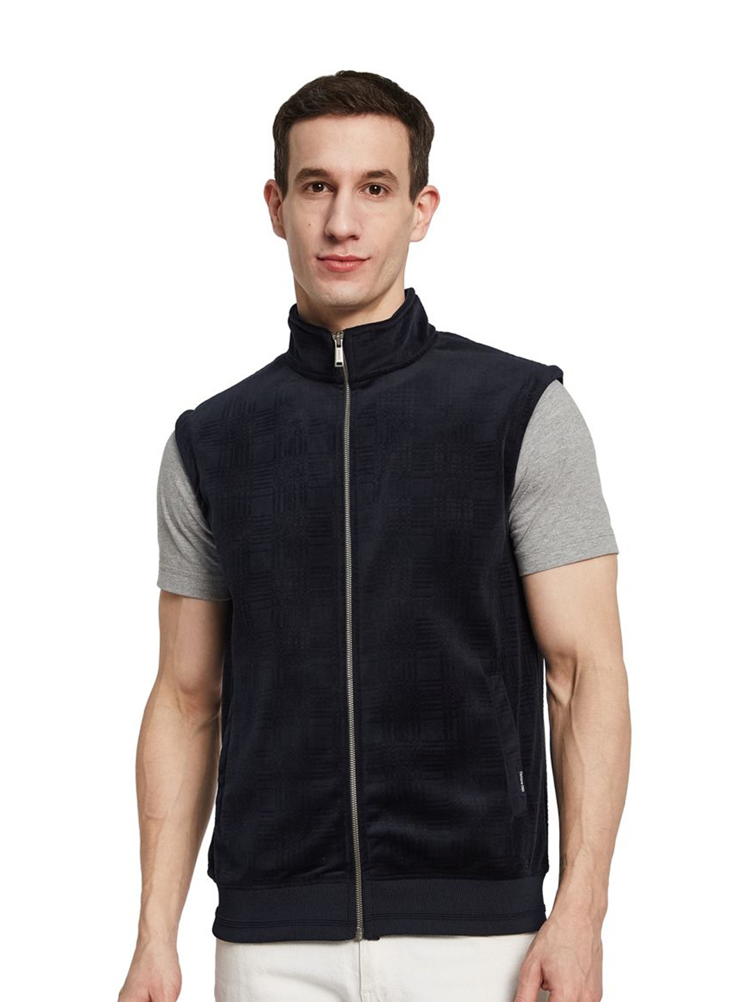 

Octave Men Mock Collar Sleeveless Front-Open Sweatshirt, Navy blue
