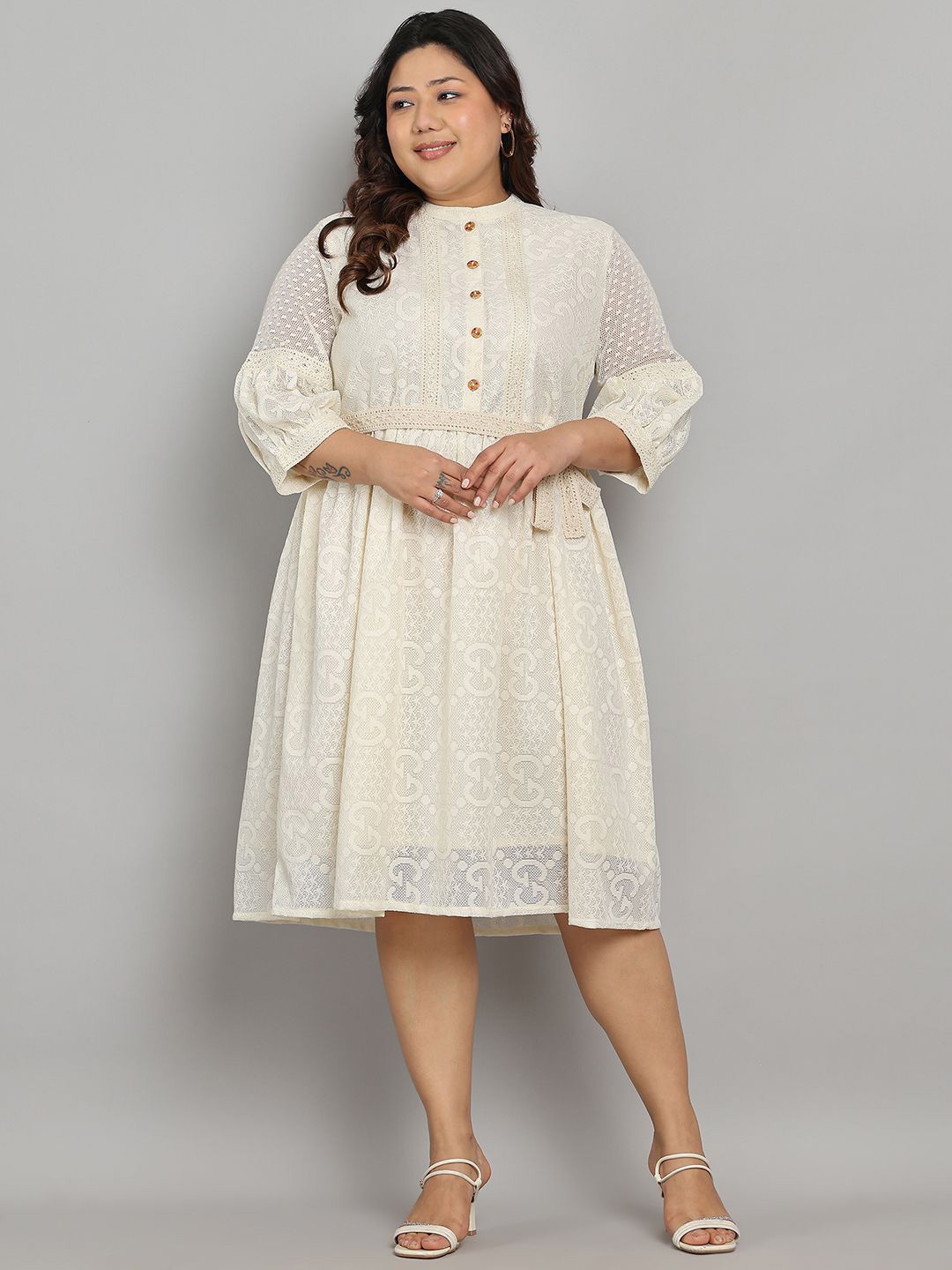 

Tulsattva Lace Mandarin Collar Fit & Flare Midi Dress With Belt, Cream