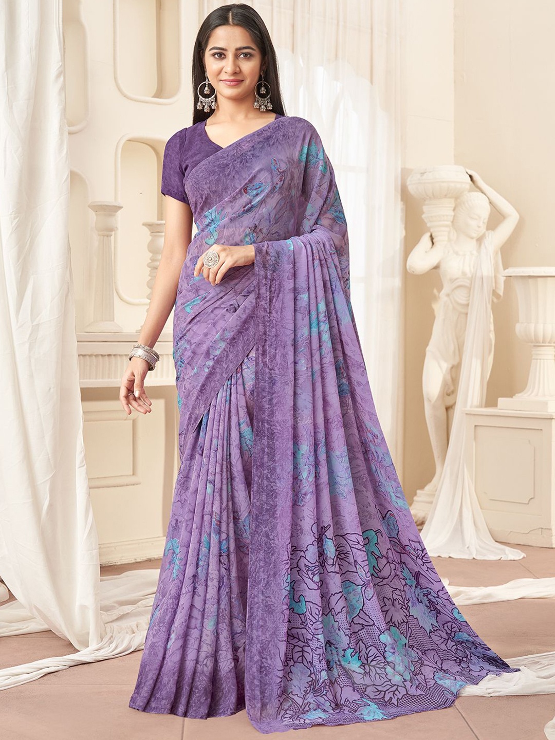 

DIVASTRI Floral Poly Georgette Saree, Lavender