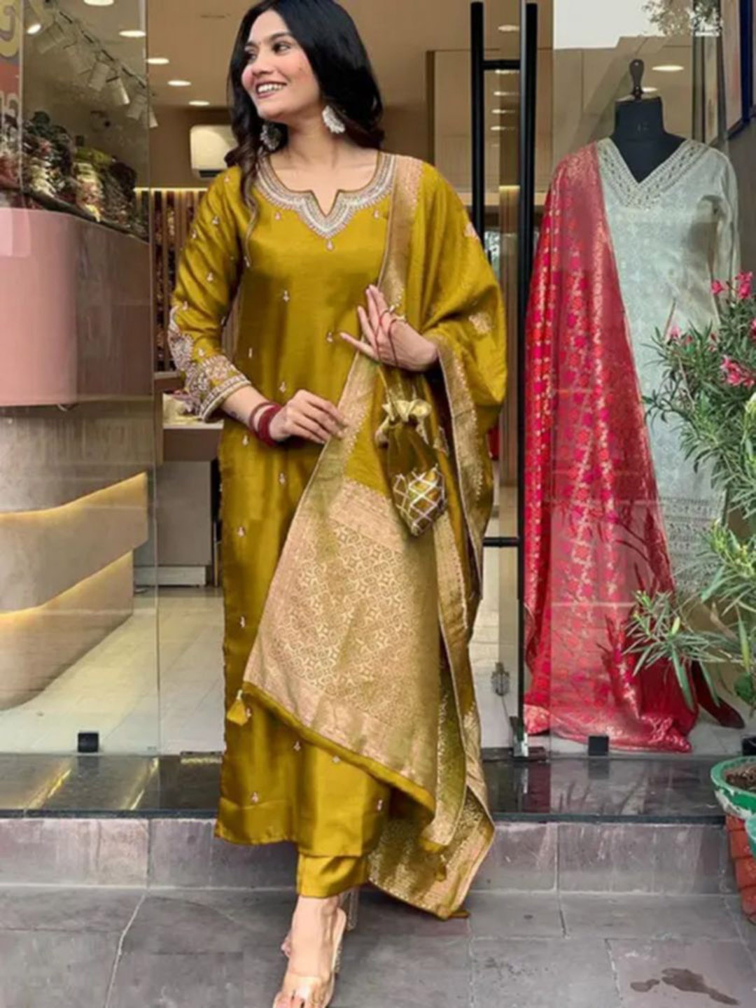 

ZEEPKART Ethnic Motifs Embroidered Notch Neck Straight Kurta With Trousers & Dupatta, Mustard