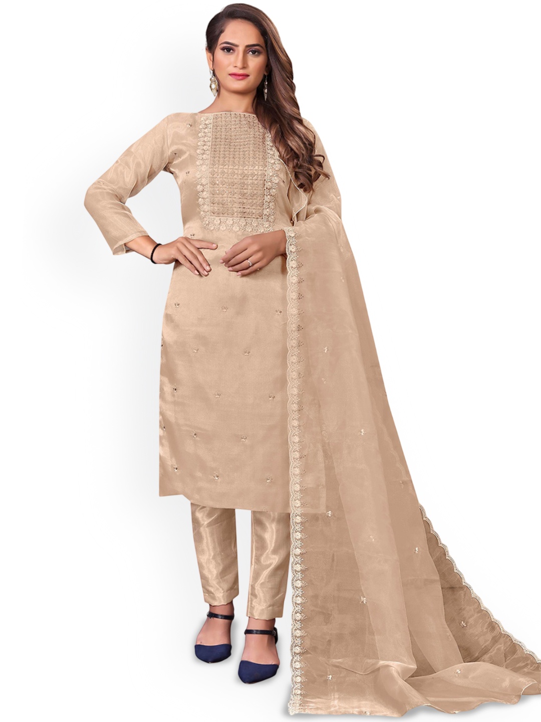 

SAINOOR Floral Embroidered Zari Organza Unstitched Dress Material, Beige