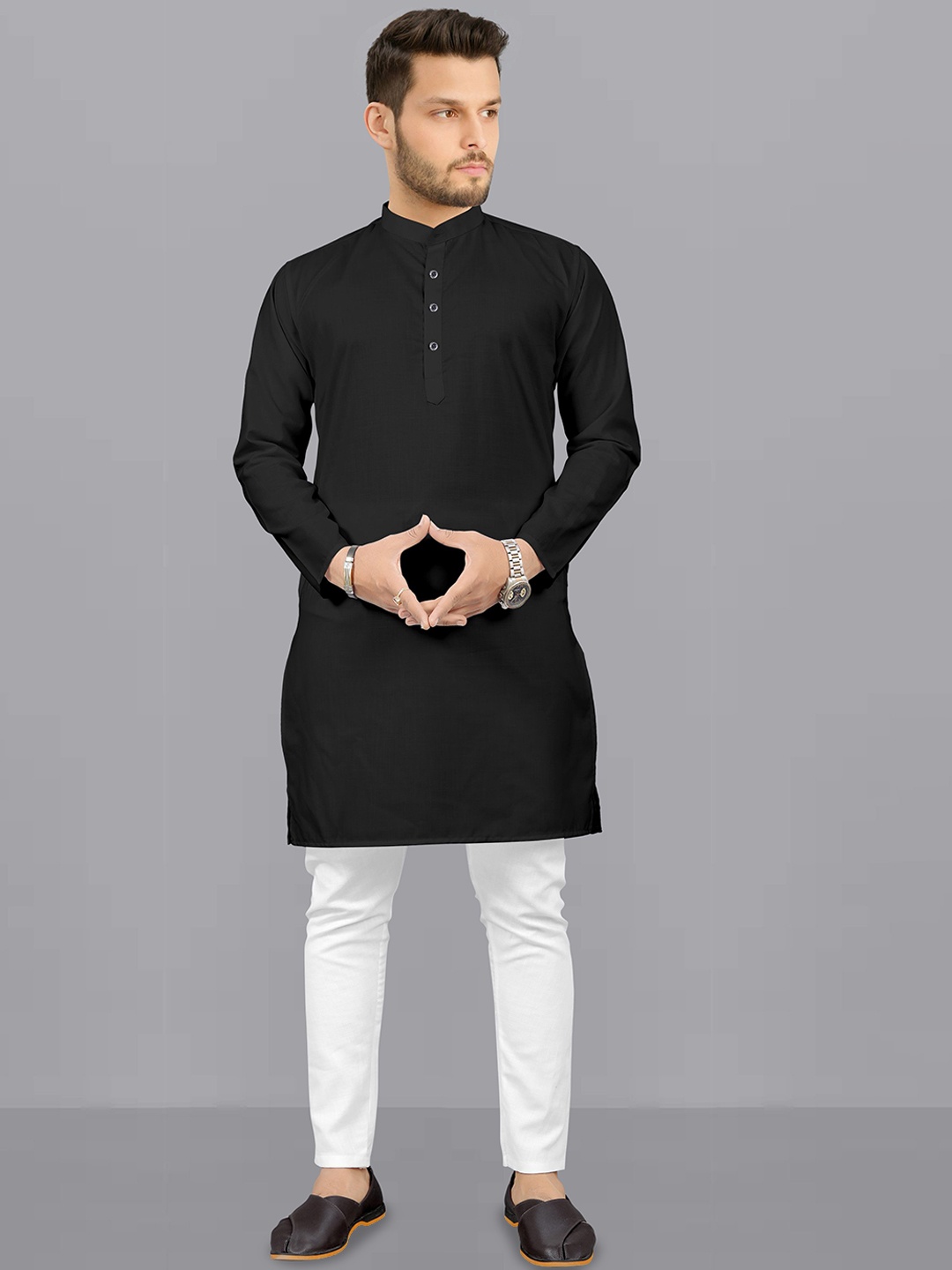 

Fashion FRICKS Band Collar Straight Kurta With Pyjamas, Black
