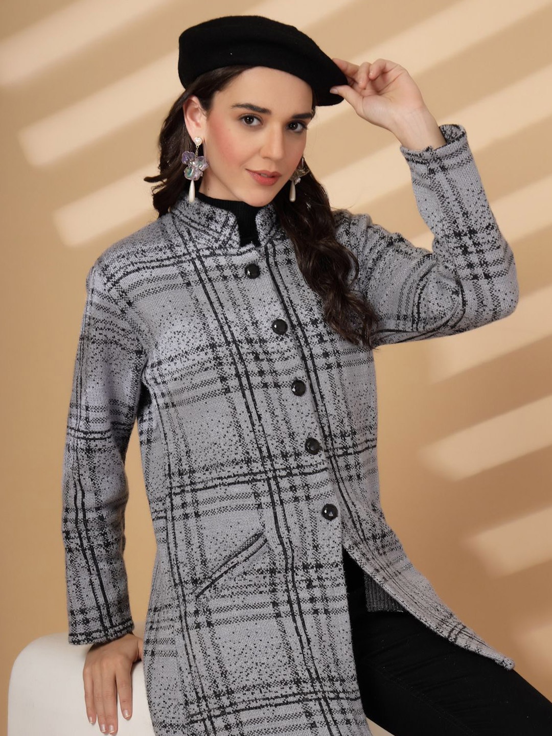 

all about you Geometric Checked Mandarin Collar Woollen Longline Top, Grey