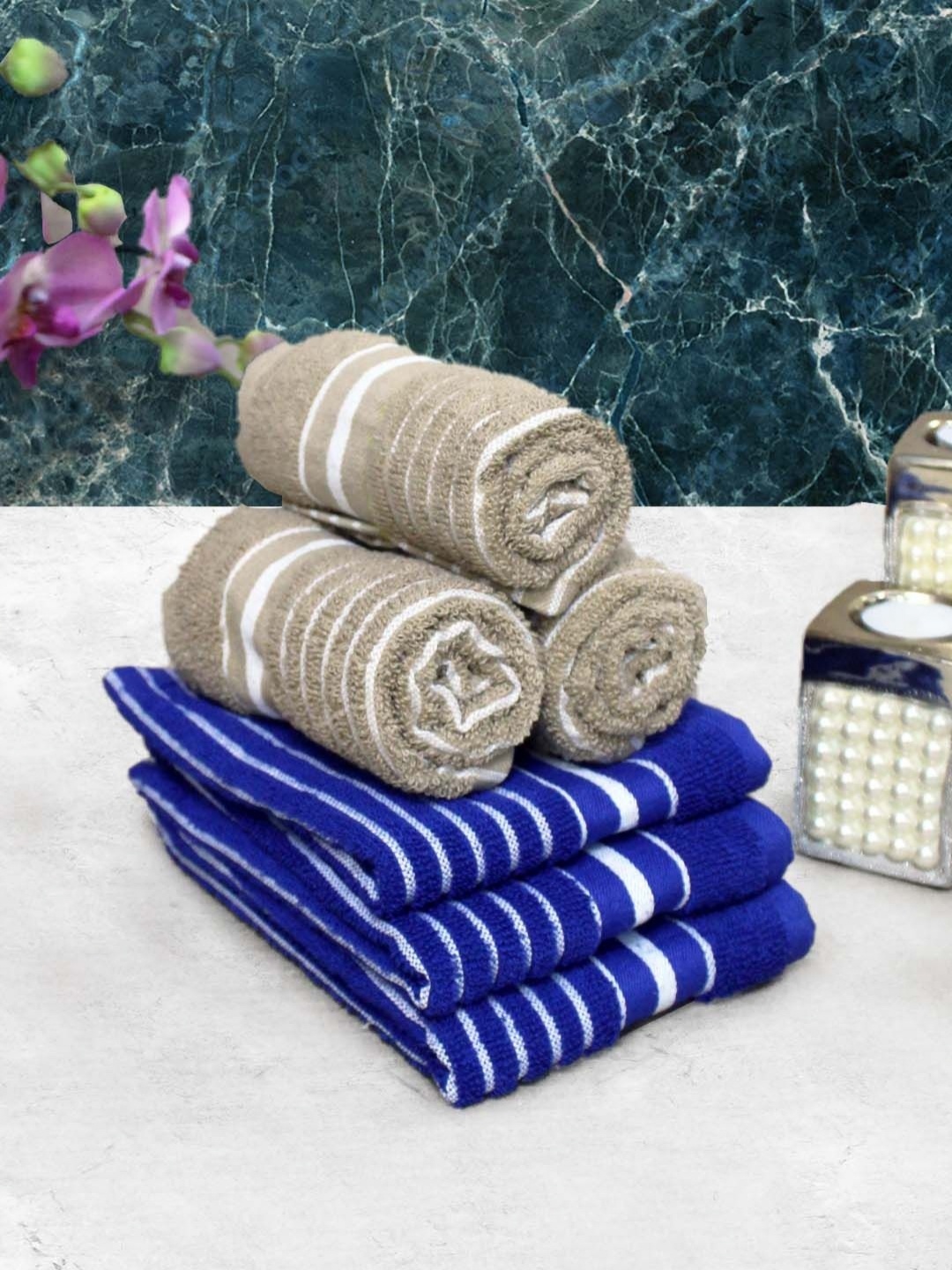 

Aura Beige & Blue 6 Pieces Striped Pure Cotton 150 GSM Hand Towels