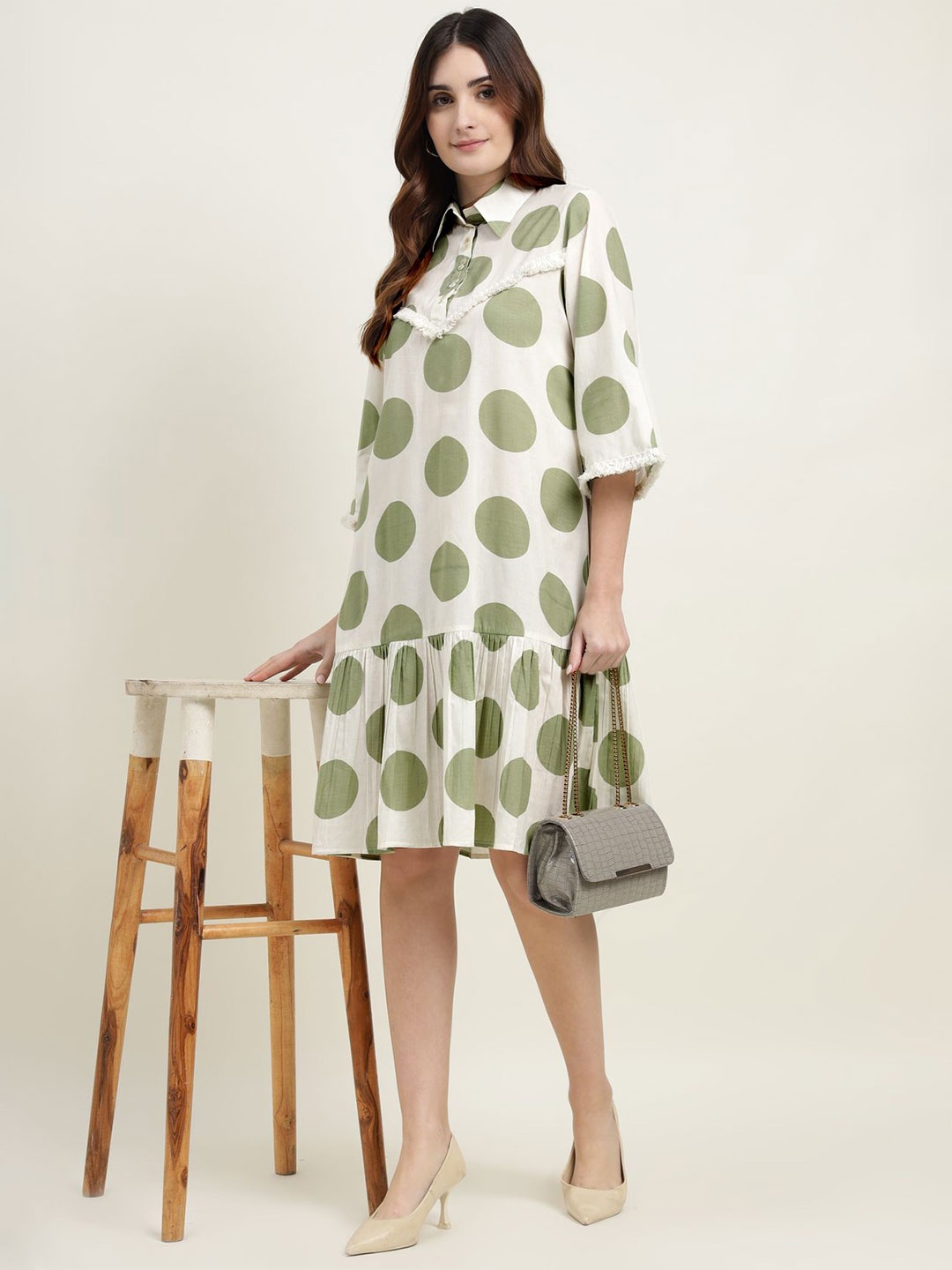 

ZARI Polka Dot Print Flared Sleeve A-Line Dress, Green