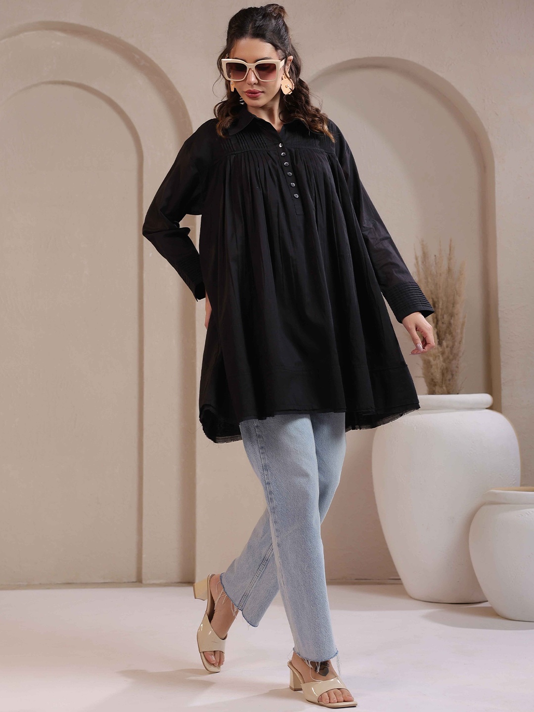 

Nyaro Bohemian Cotton Shirt Style Longline Top, Black