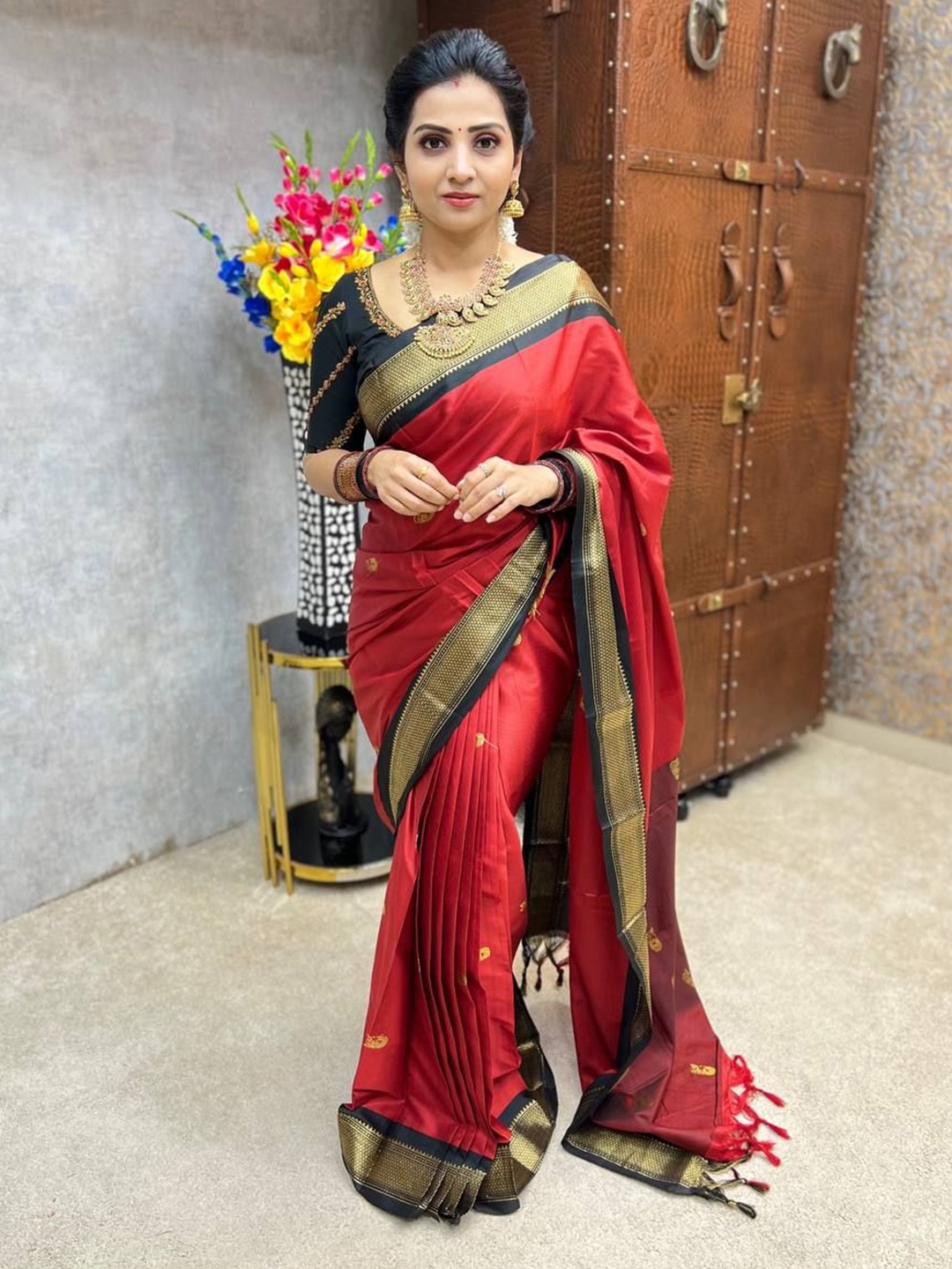 

yourwish Ethnic Motifs Zari Silk Cotton Mysore Silk Saree, Red