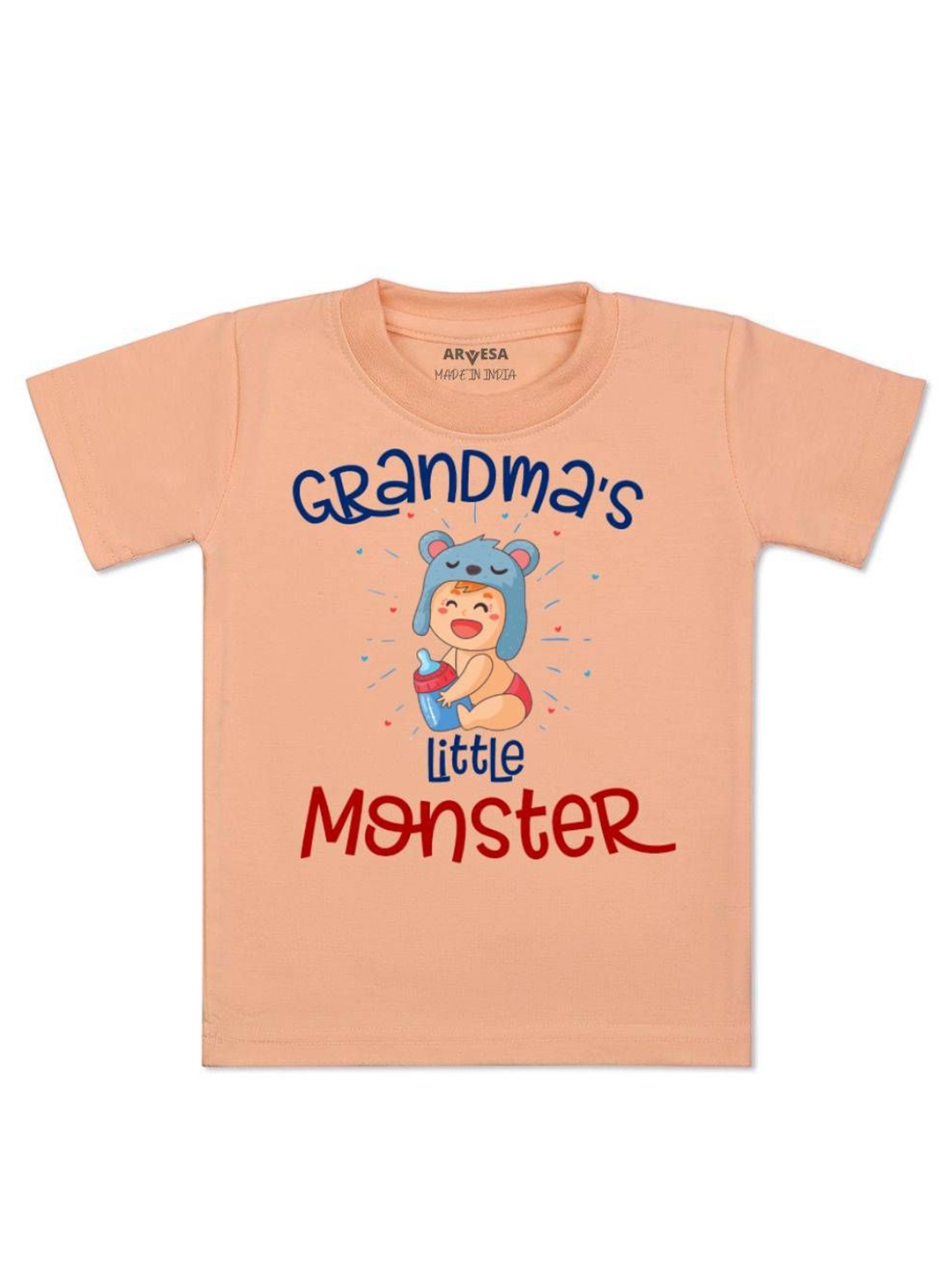 

Arvesa Kids Grandma Little Monster Printed Tshirt, Peach