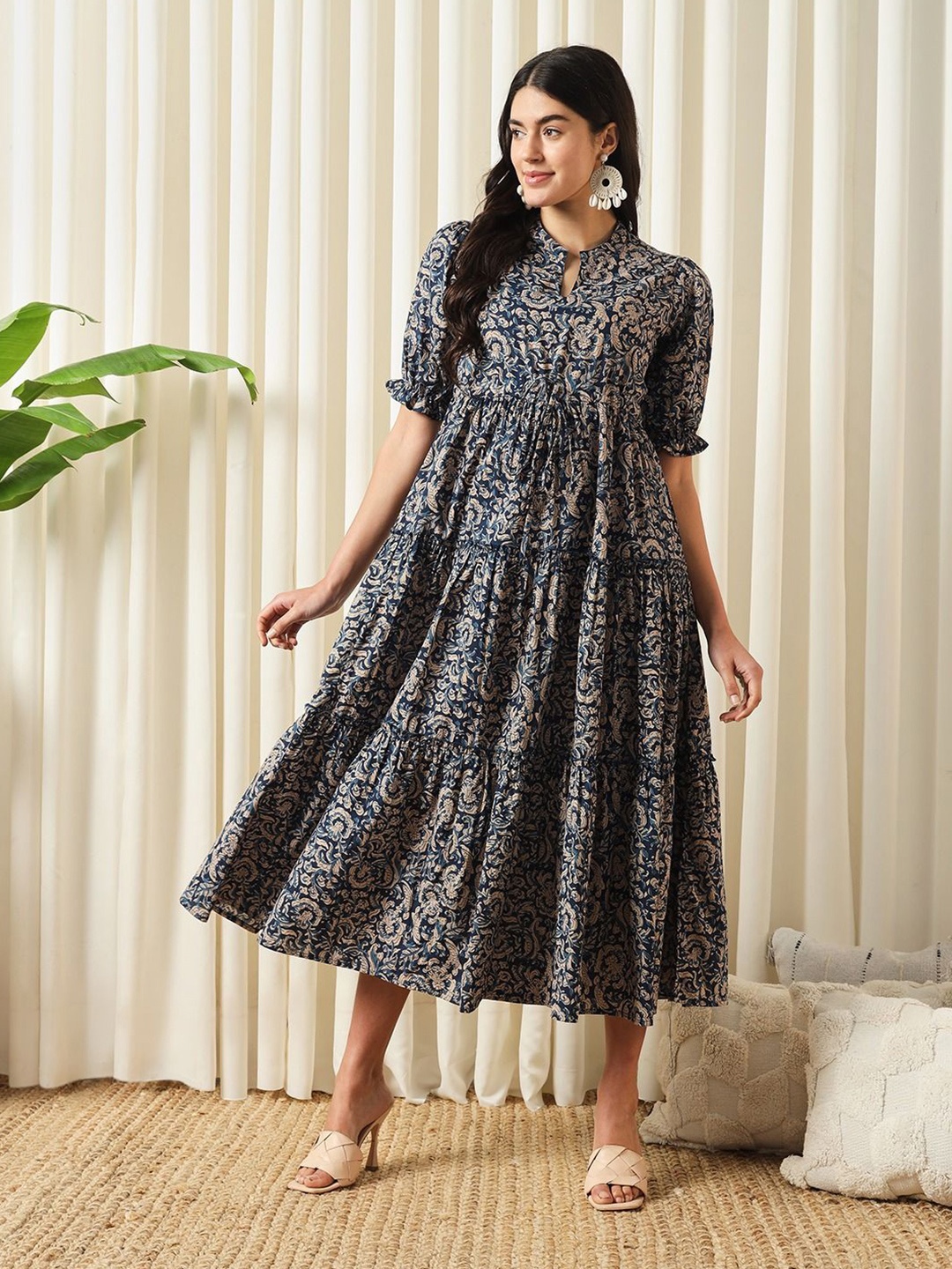 

CORSICA Floral Print Puff Sleeve Formal Fit & Flare Midi Dress, Blue