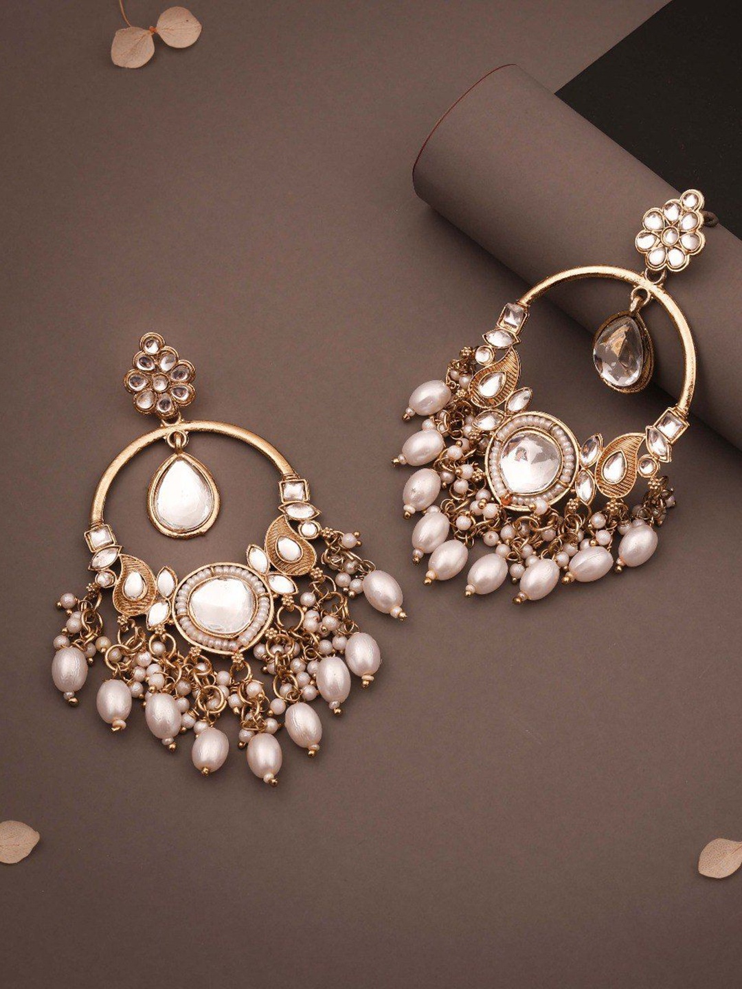 

Lyriss Gold-Plated Artificial Stones Studded And Beaded Contemporary Drop Earrings