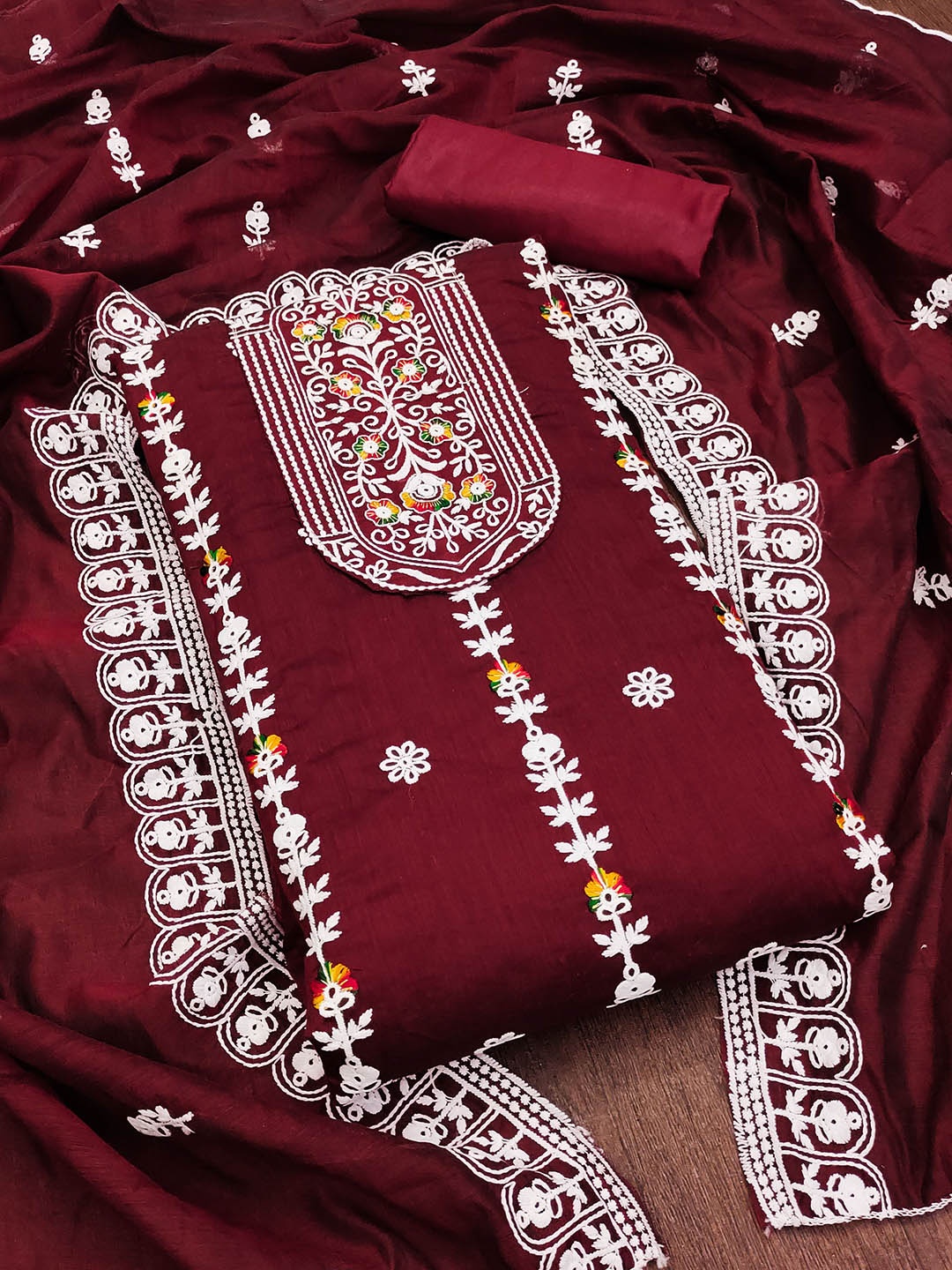 

SAINOOR Floral Embroidered Semi-Stitched Dress Material, Maroon