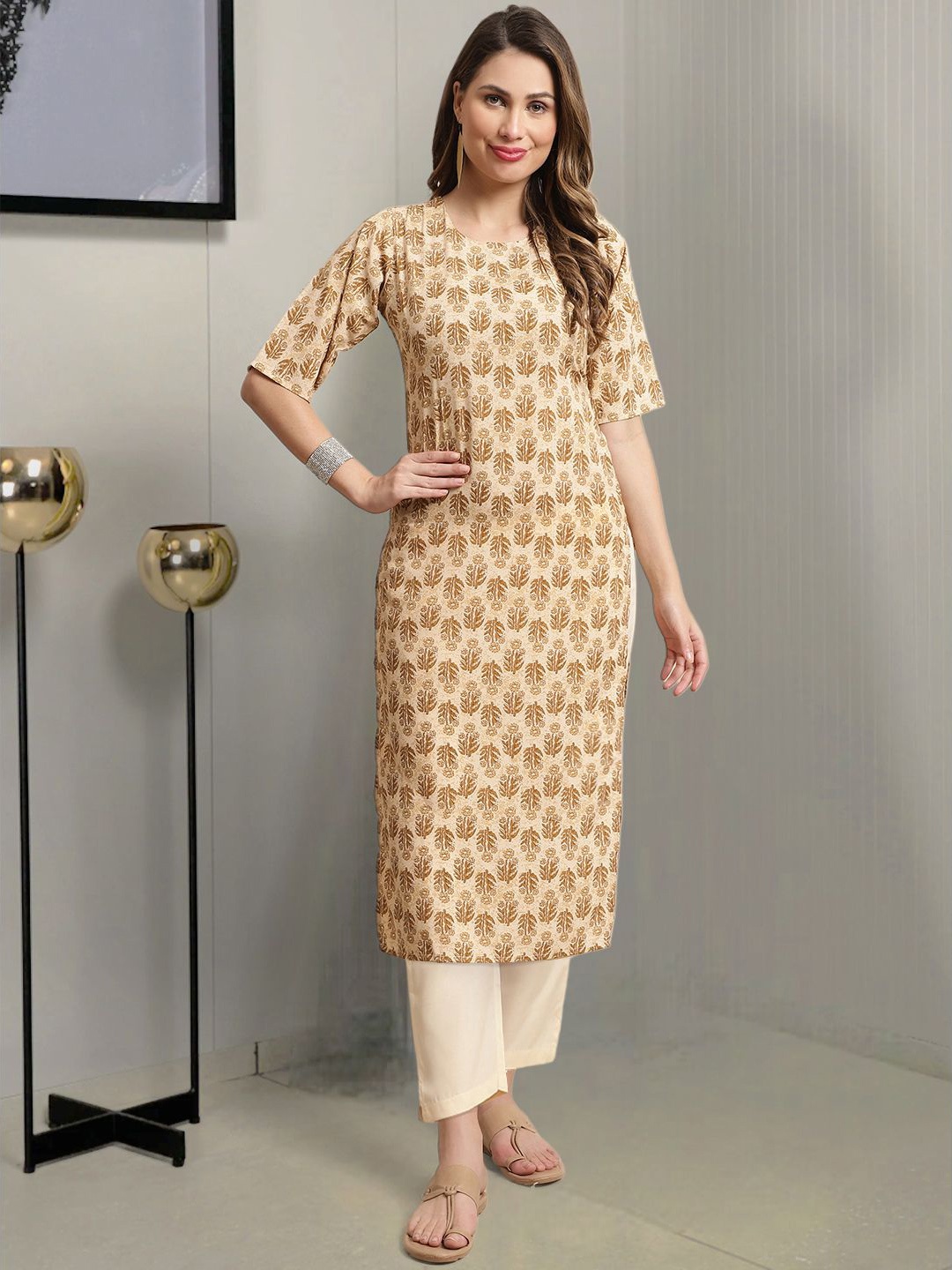 

Moda Rapido Floral Printed Round Neck Straight Kurta With Trousers, Beige