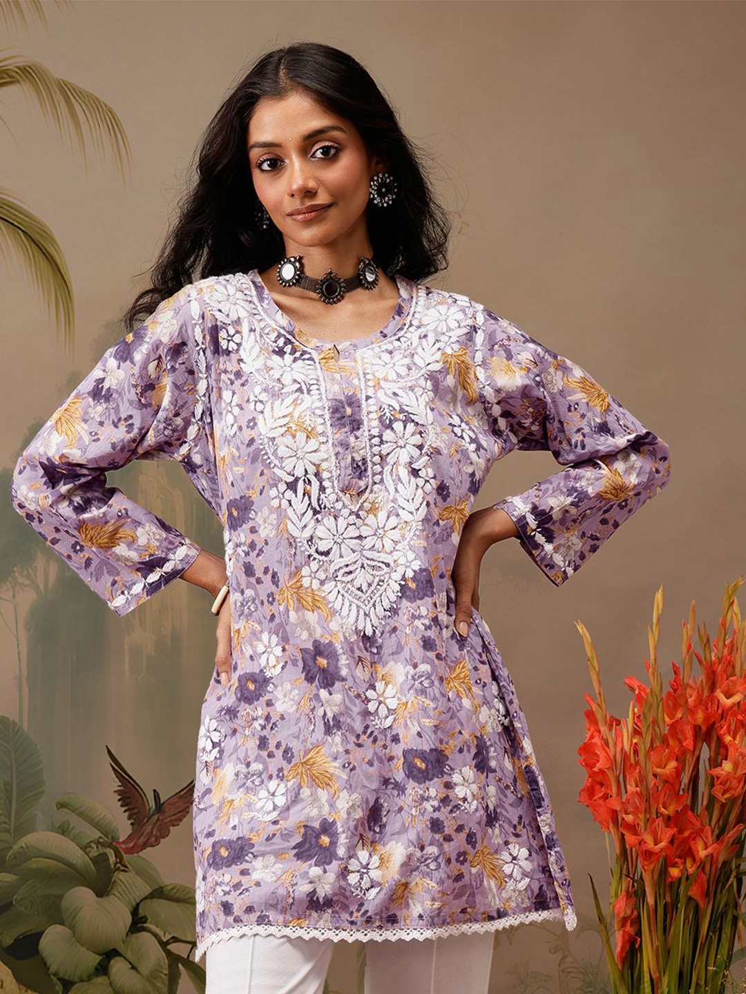 

ADA Women Floral Embroidered Printed Lucknowi Chikankari Kurti, Lavender