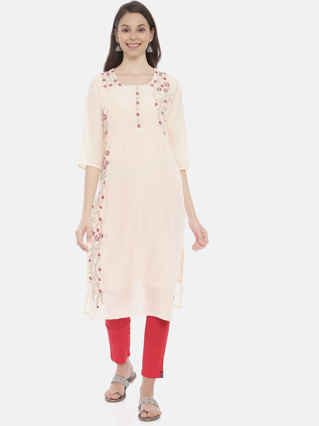 

Neerus Floral Embroidered Thread Work Cotton Straight Kurta, Peach