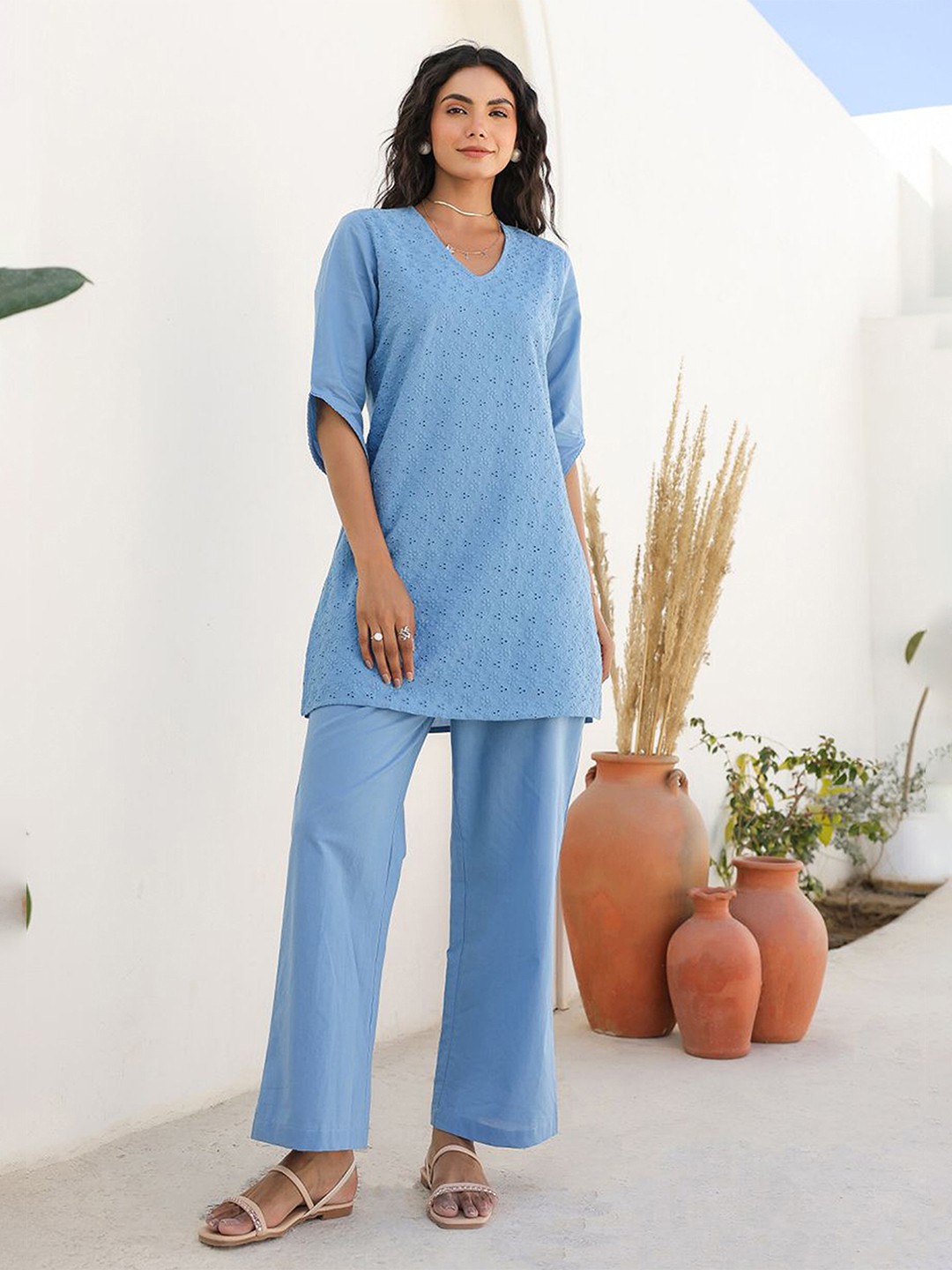 

JISORA Printed Pure Cotton Top & Trousers Co-ord Set, Blue
