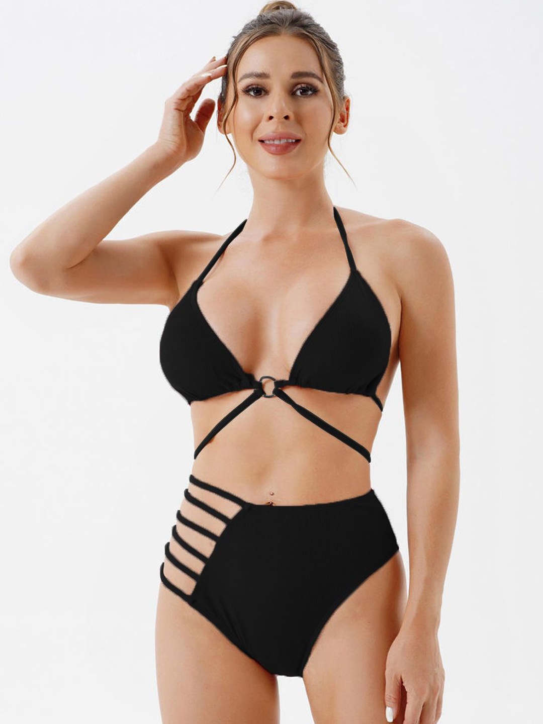 

FIMBUL Self Design Halter Neck Triangle Side Panty Bikini Set, Black