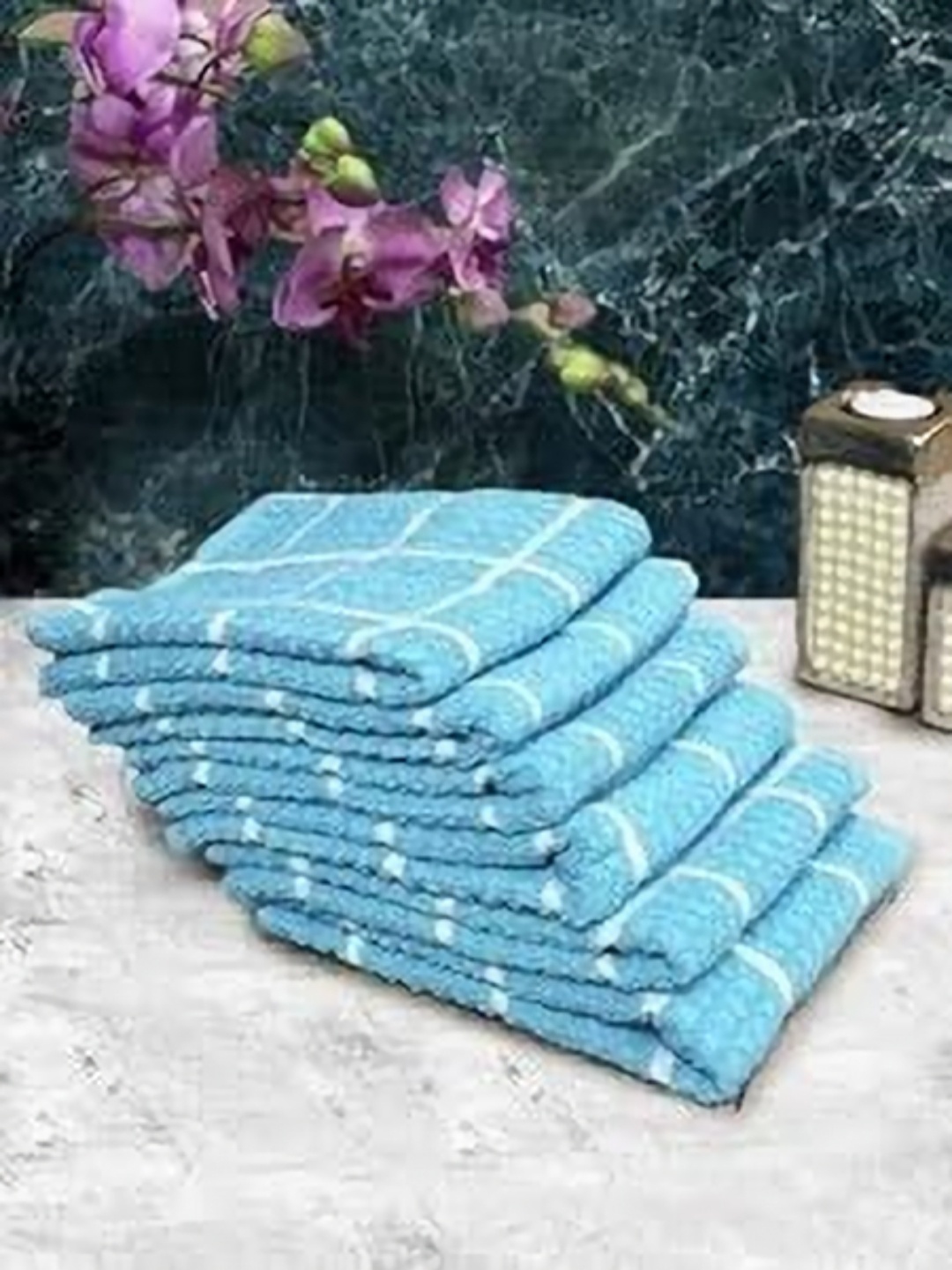 

Aura Blue & White 6 Pieces Checked Pure Cotton Super Absorbent & Quick Dry Hand Towels