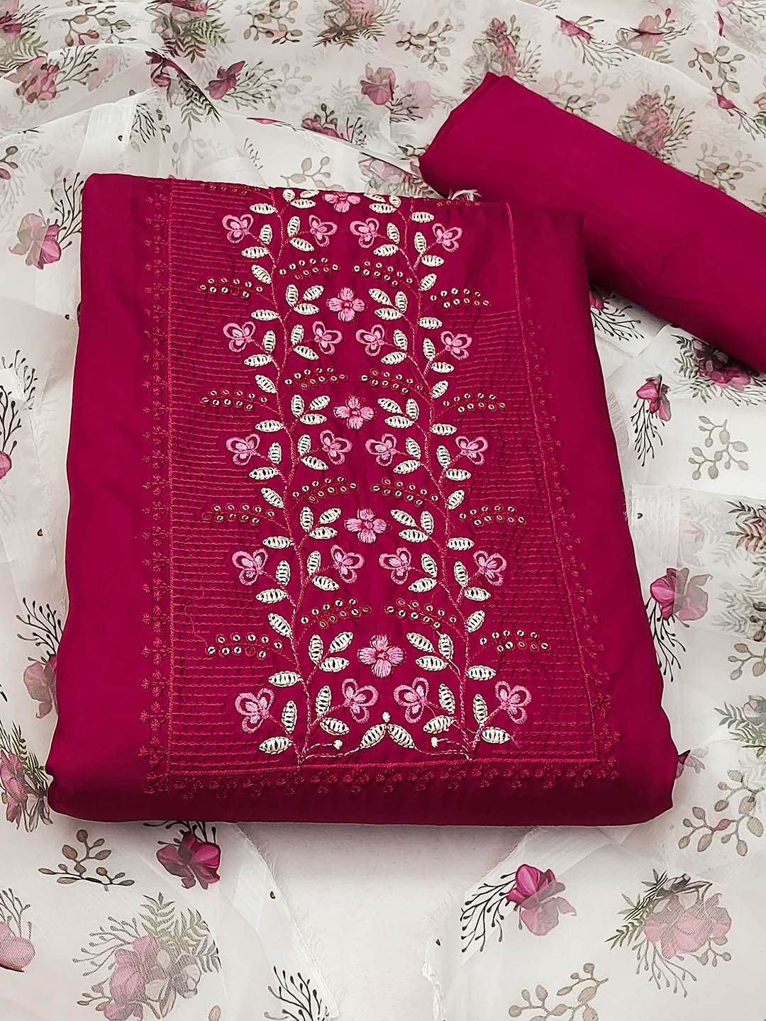 

SAINOOR Floral Zari Embroidered Pure Cotton Unstitched Dress Material, Pink